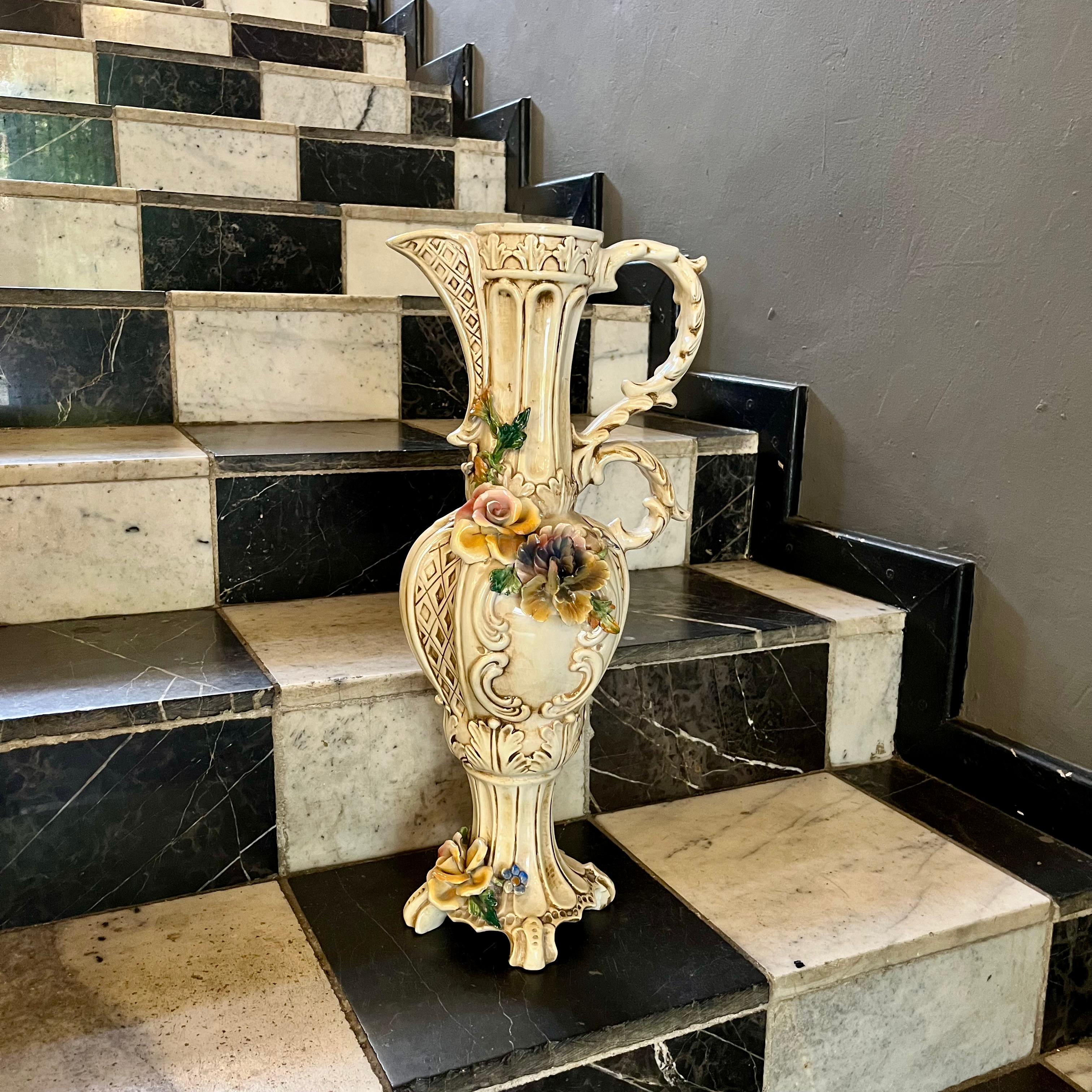 Tall Italian Porcelain Pitcher with Applied Flowers