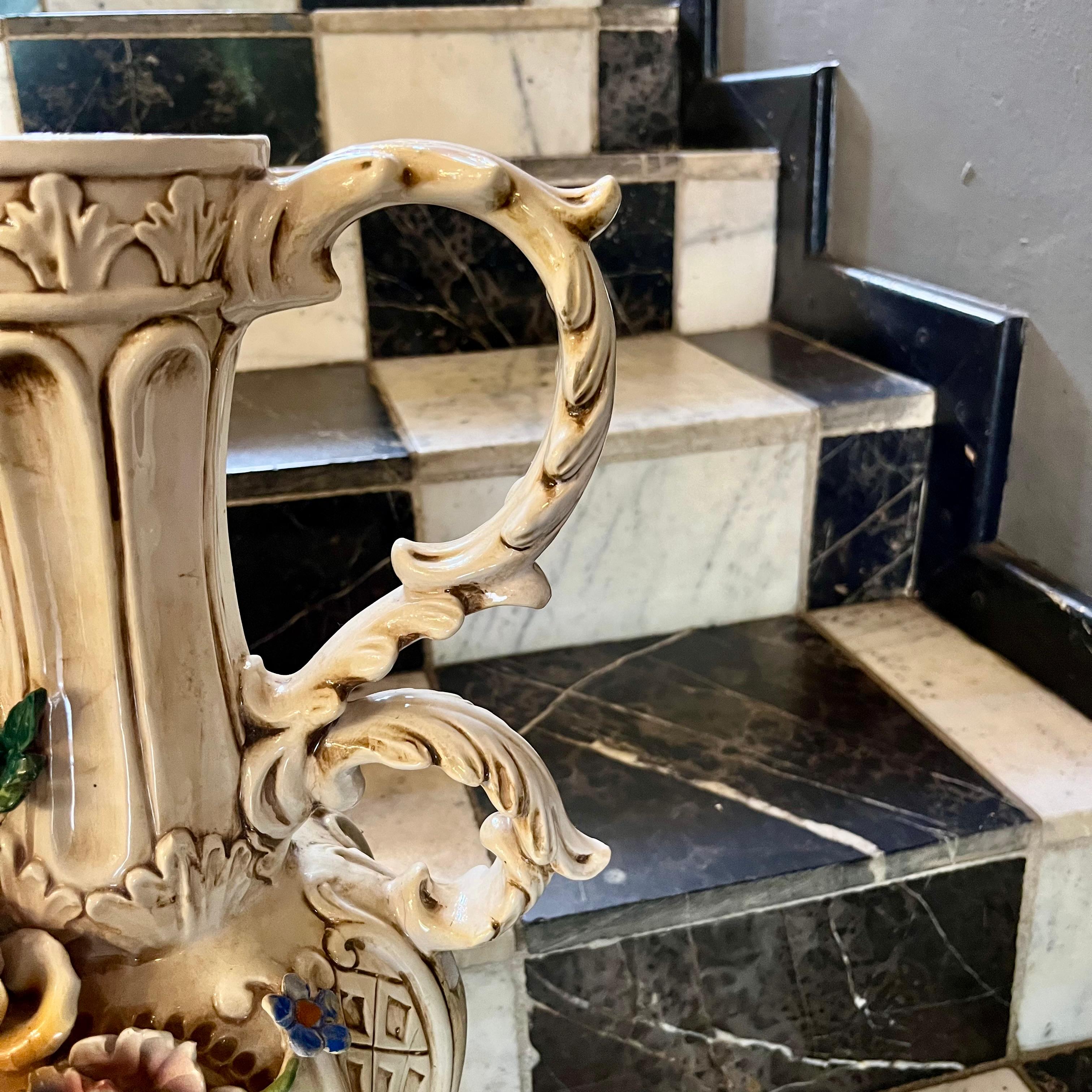 Tall Italian Porcelain Pitcher with Applied Flowers