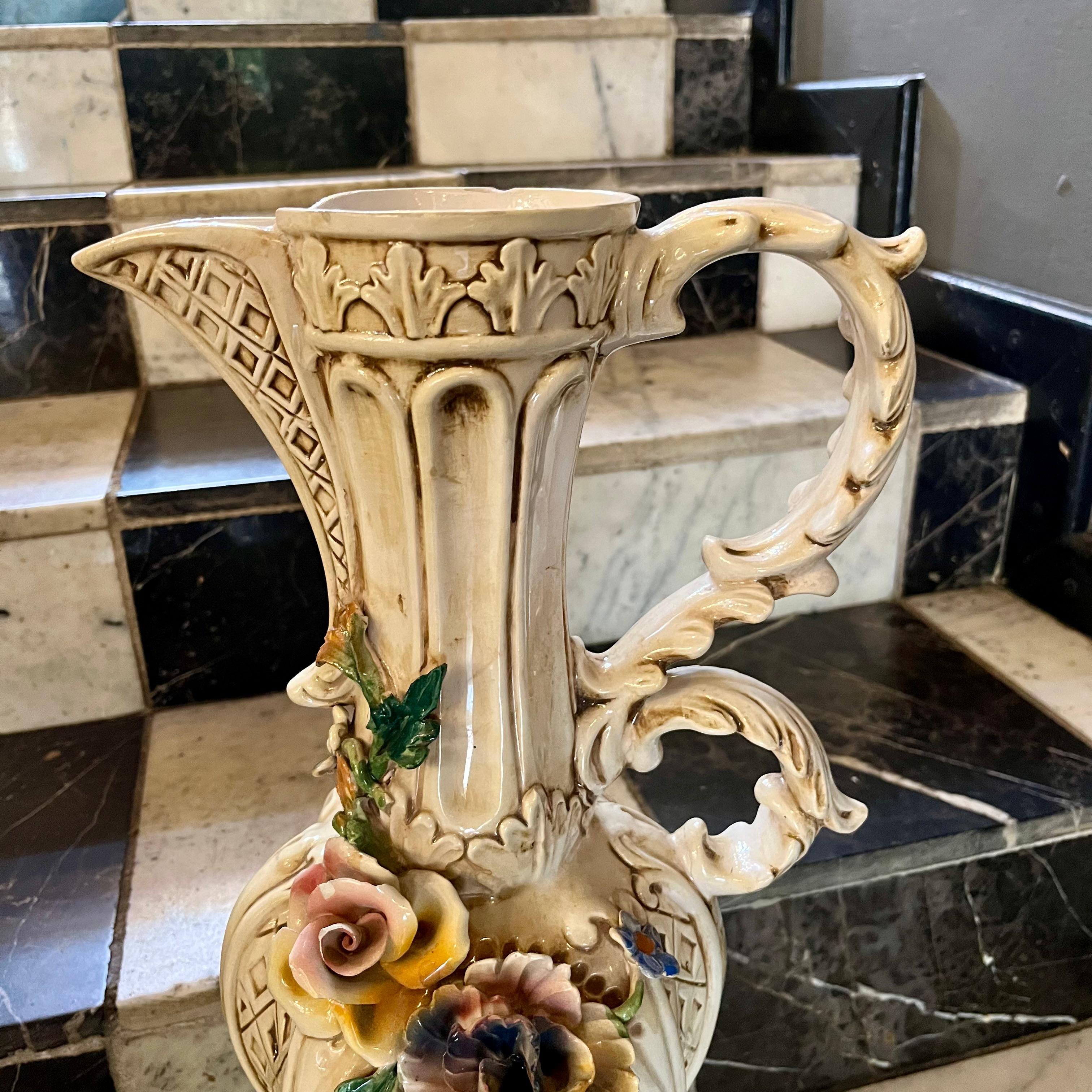 Tall Italian Porcelain Pitcher with Applied Flowers