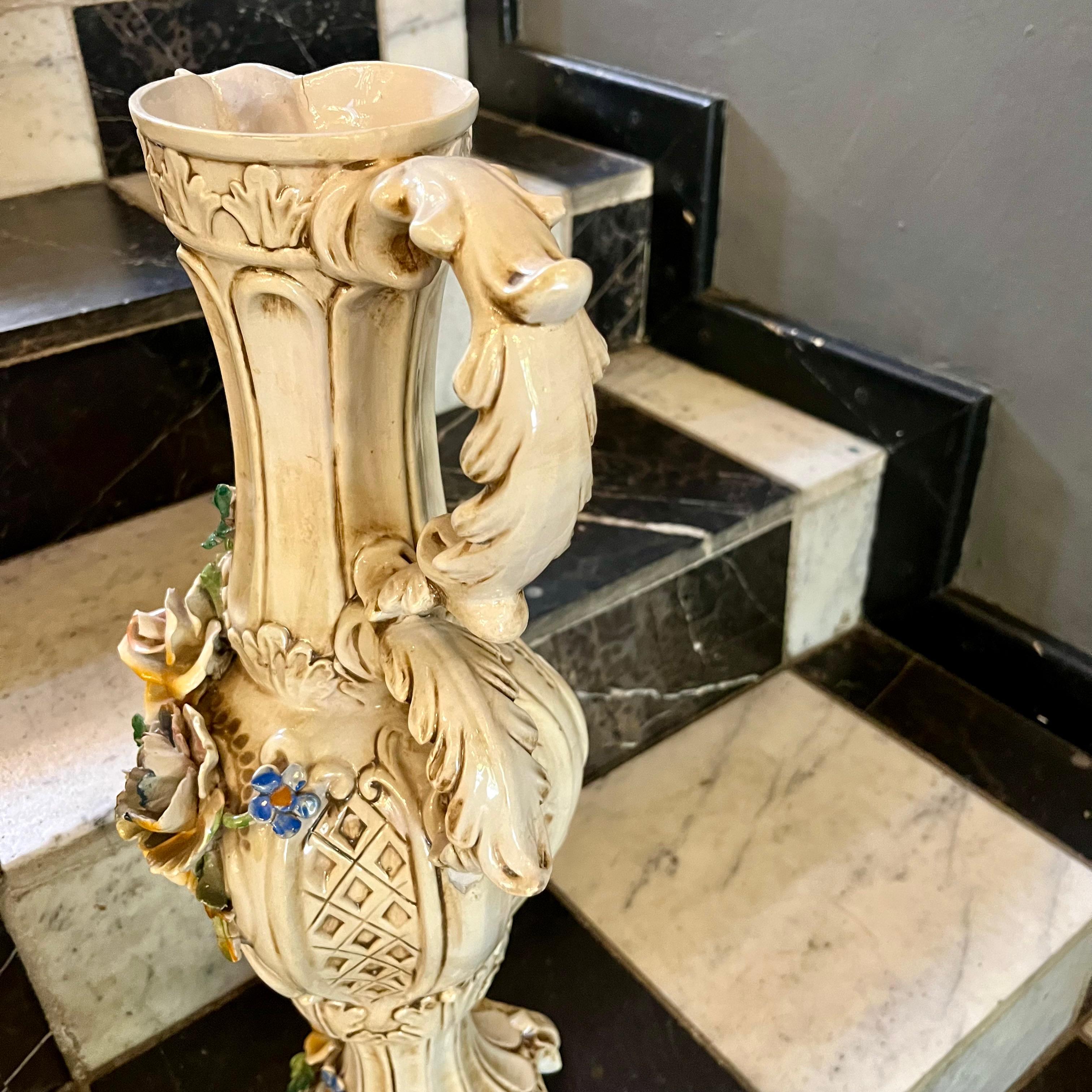 Tall Italian Porcelain Pitcher with Applied Flowers