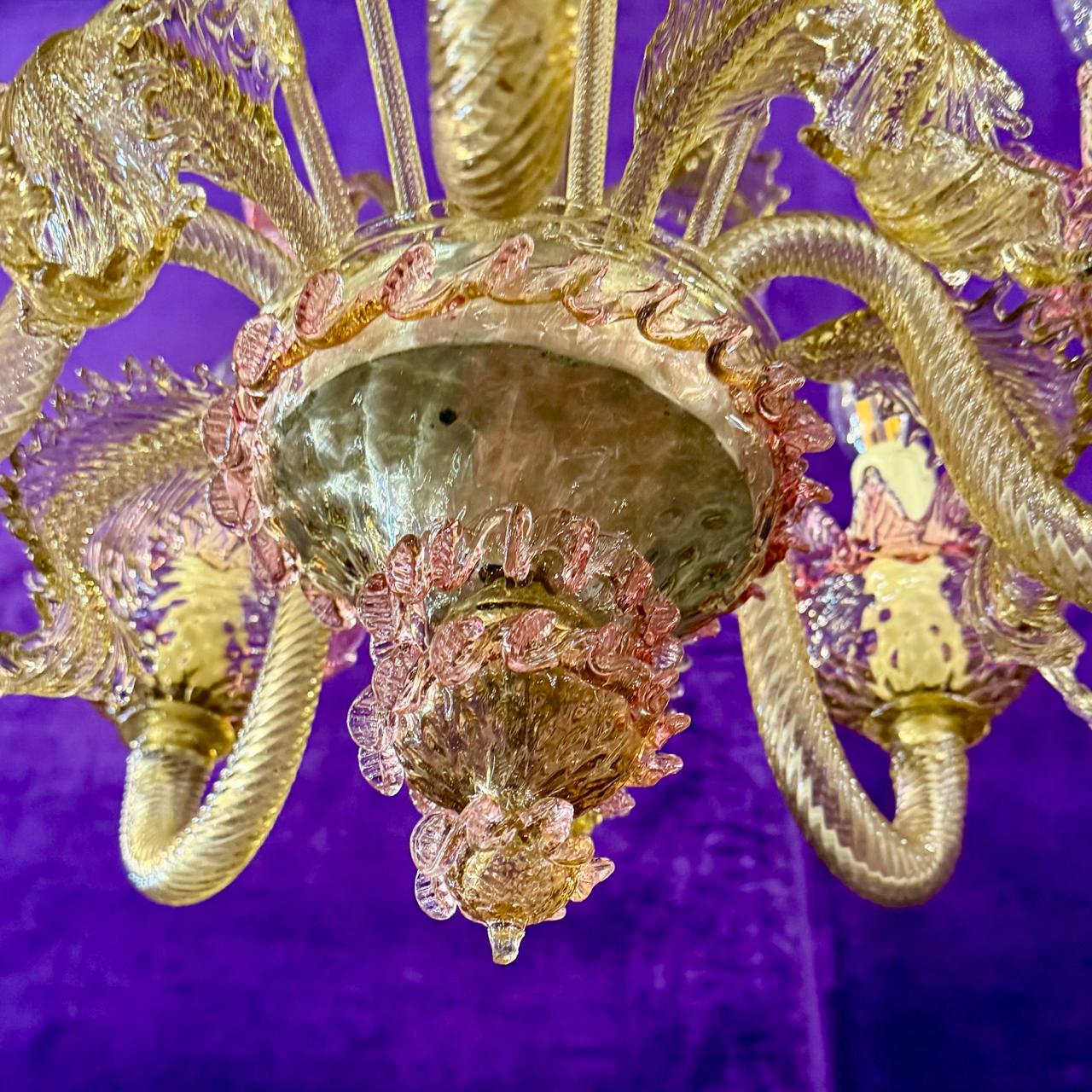 Antique Golden Murano Chandelier with Pink Accents, c. Mid-20th Century - SOLD