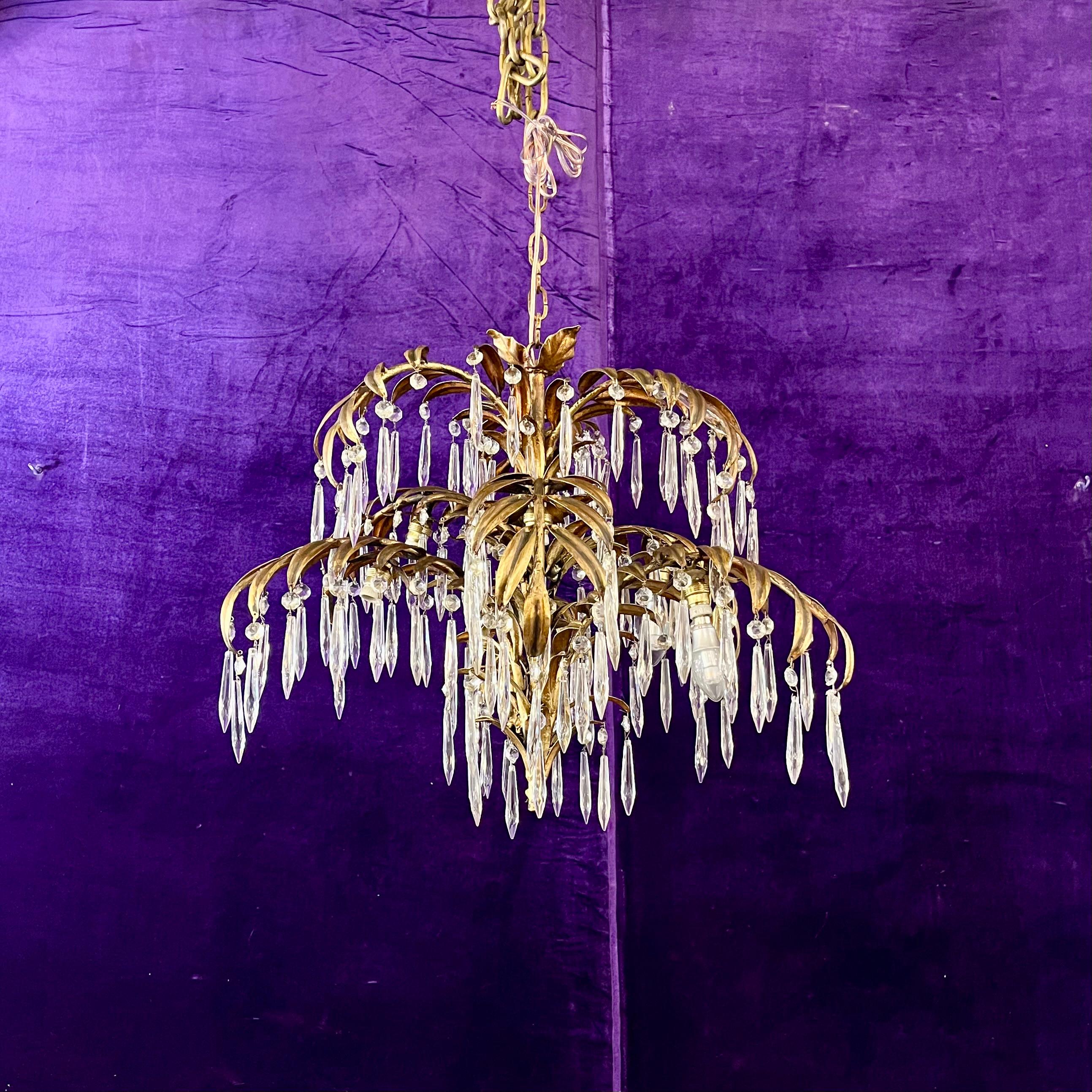 Unusual Palm Frond Chandelier with Original Antique Crystals - SOLD