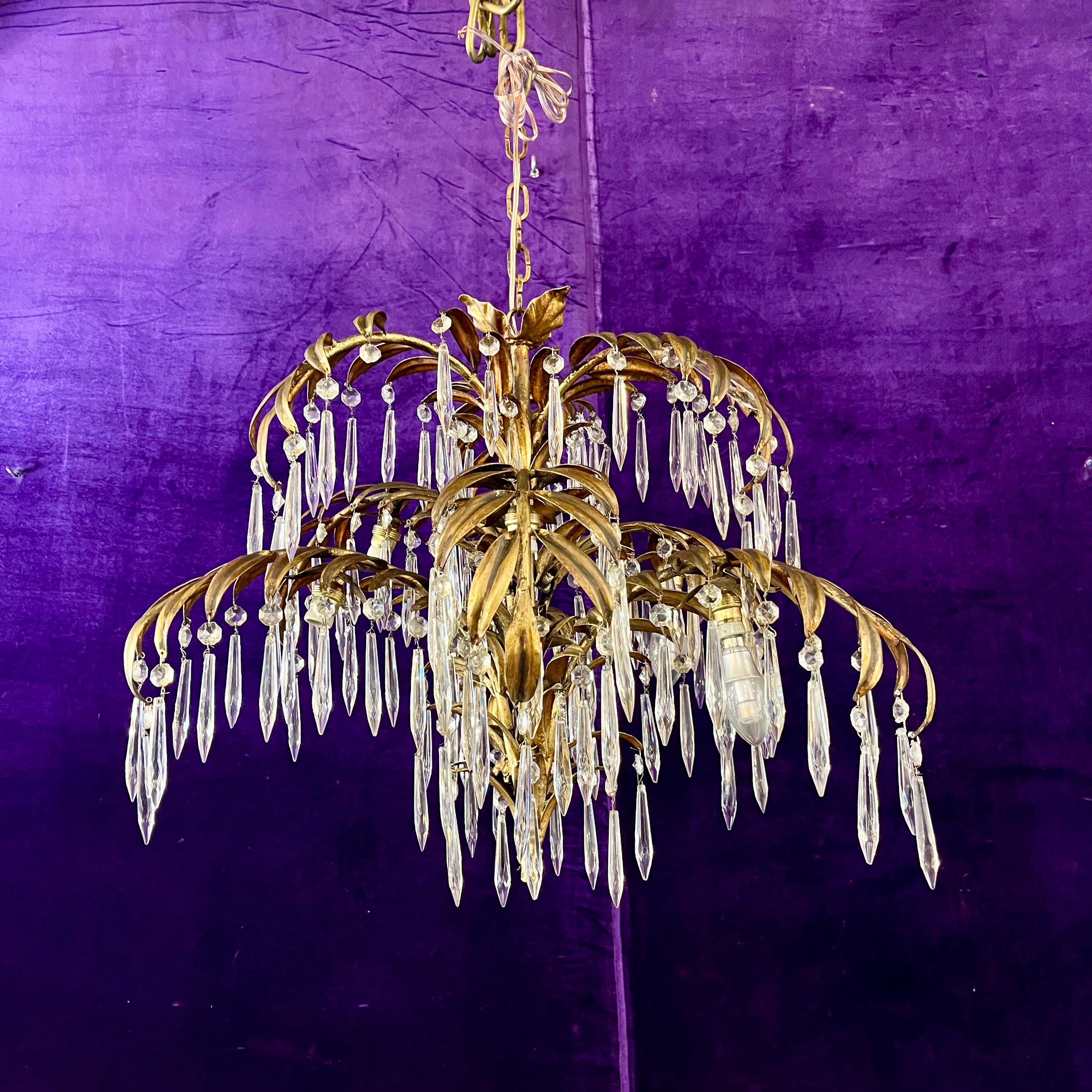 Unusual Palm Frond Chandelier with Original Antique Crystals - SOLD