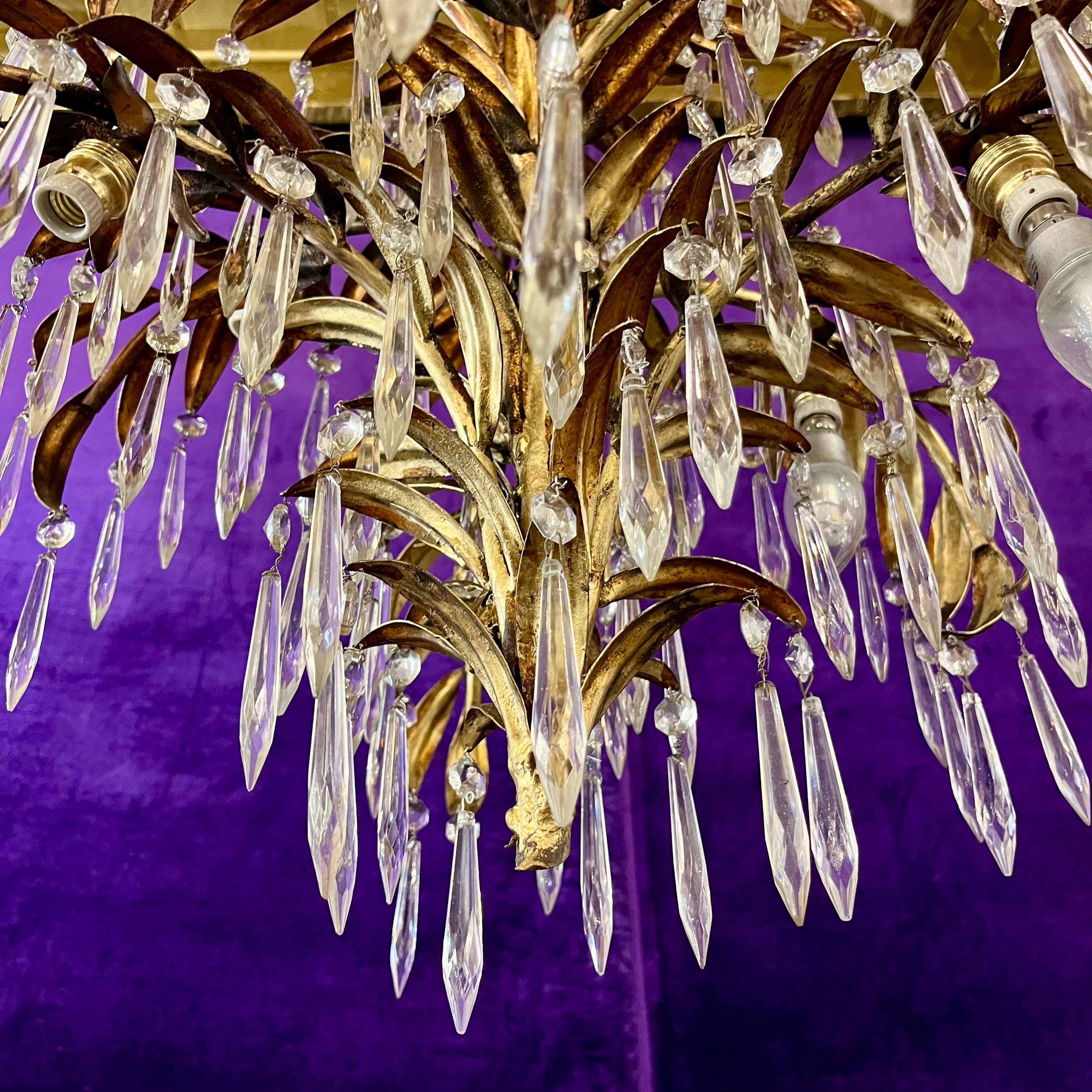 Unusual Palm Frond Chandelier with Original Antique Crystals - SOLD