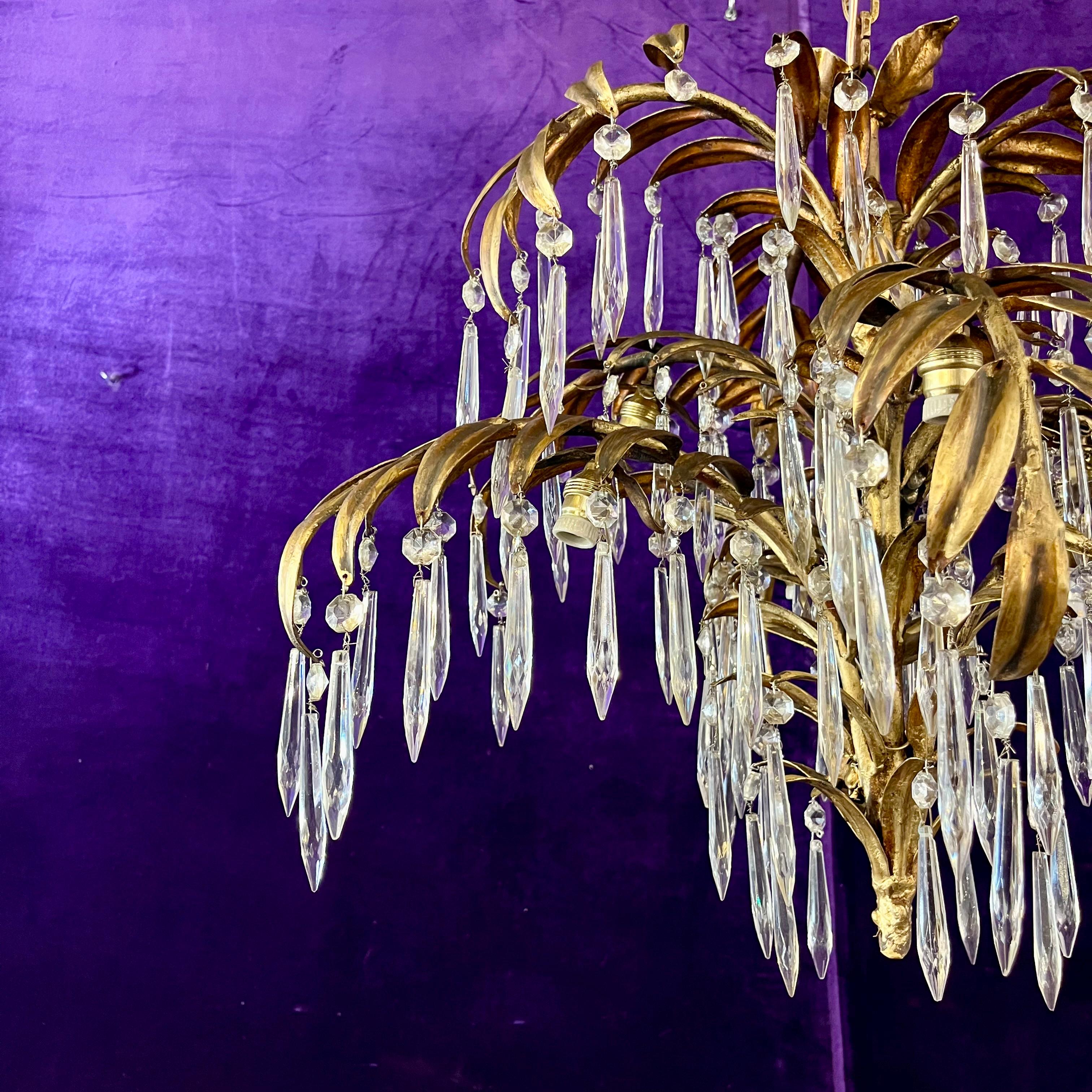 Unusual Palm Frond Chandelier with Original Antique Crystals - SOLD