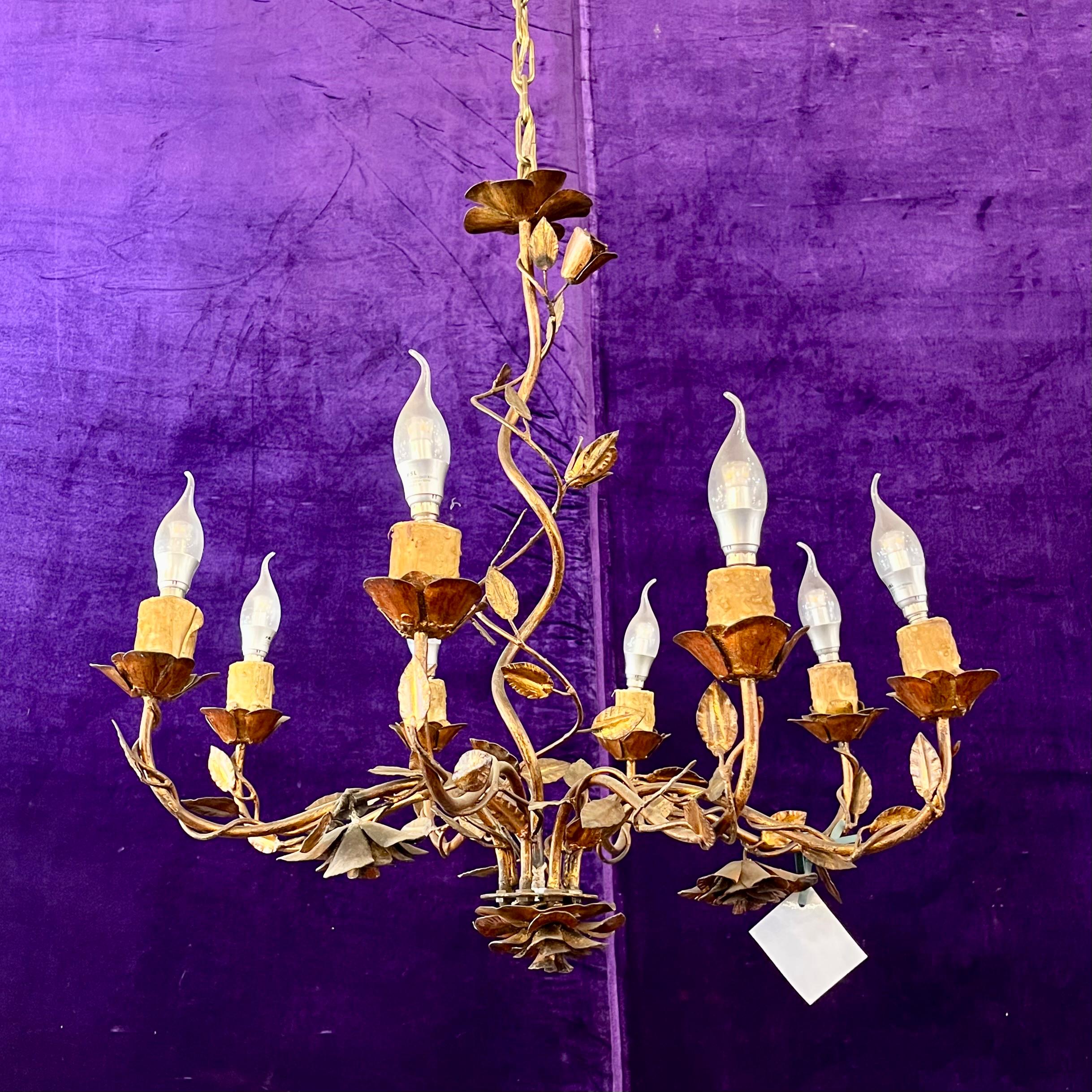 Vintage French Wrought Iron Chandelier with Floral Details