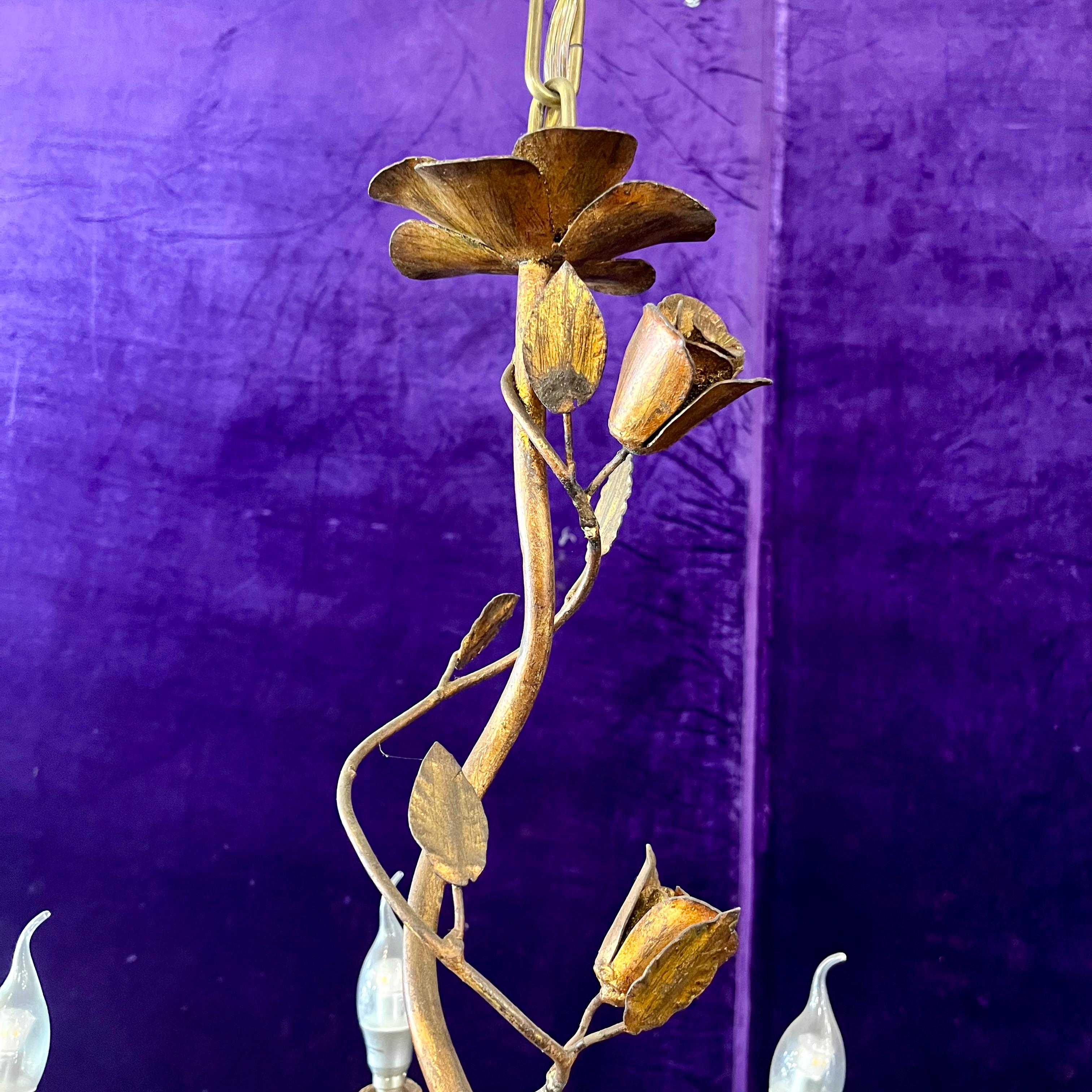 Vintage French Wrought Iron Chandelier with Floral Details