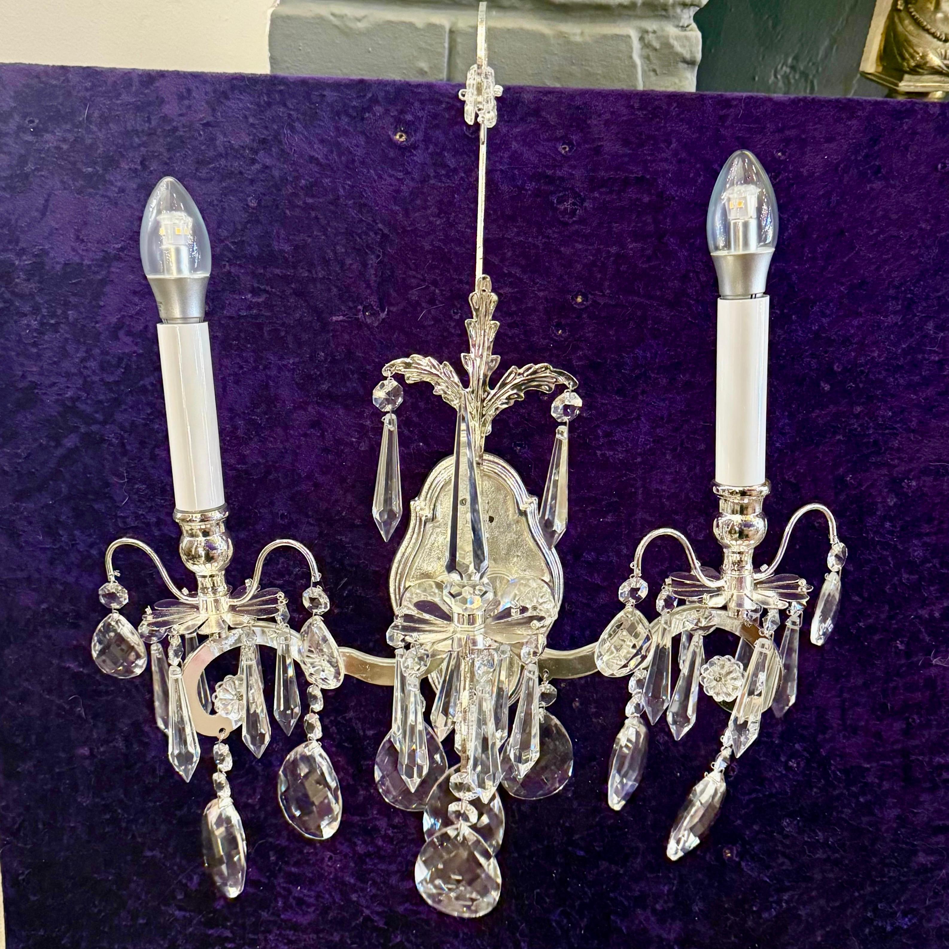Beautiful Two Armed Nickel and Crystal Wall Sconce - SOLD