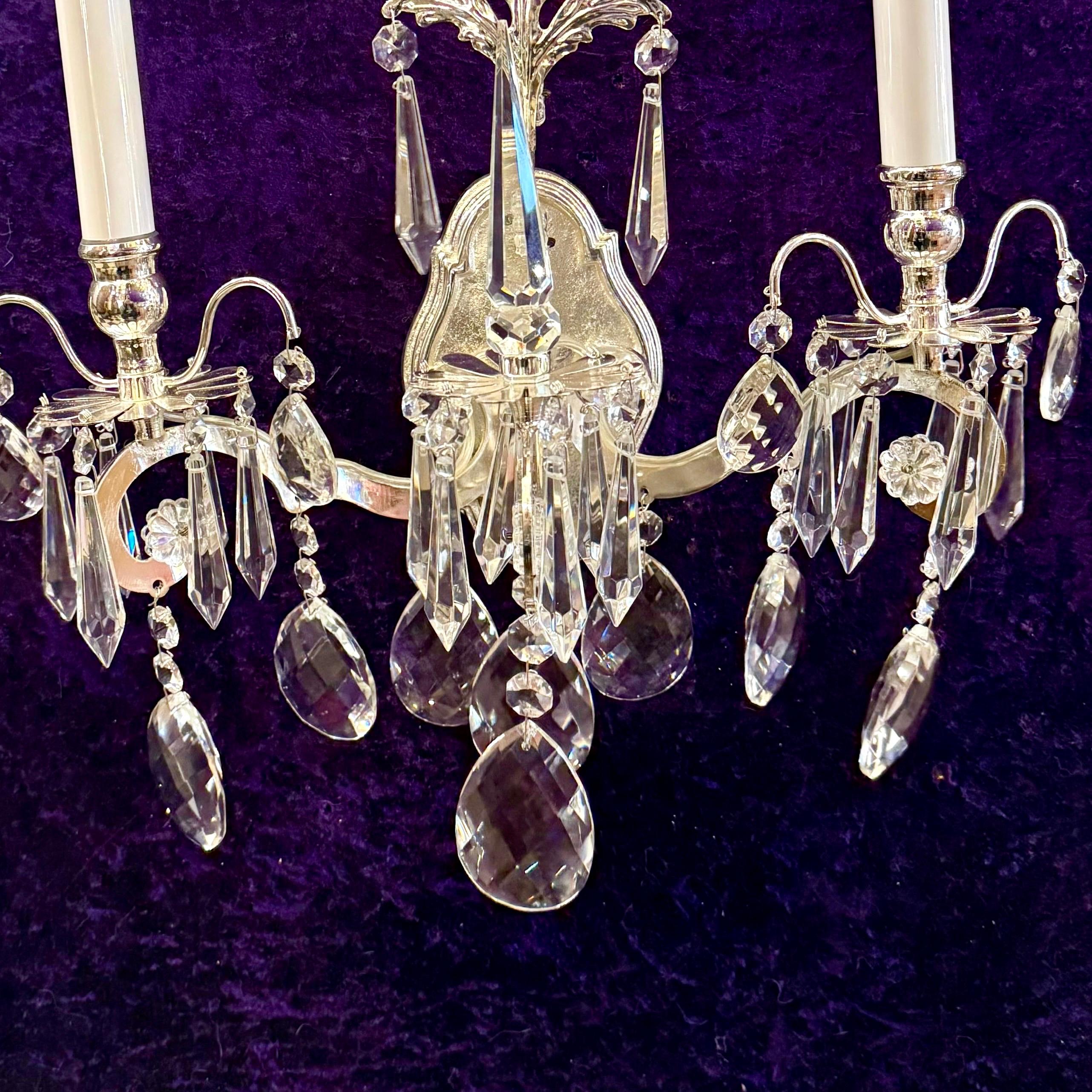 Beautiful Two Armed Nickel and Crystal Wall Sconce - SOLD