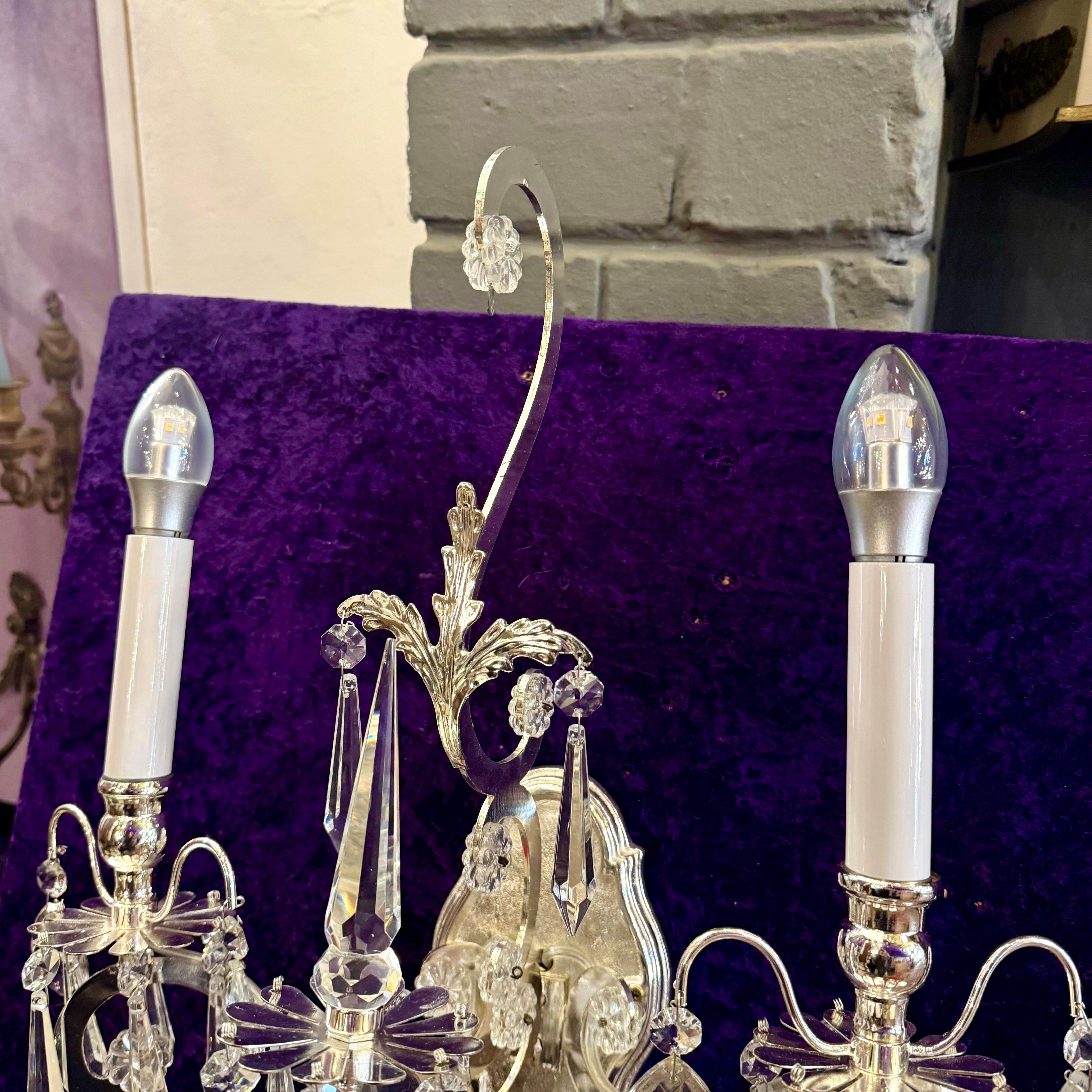 Beautiful Two Armed Nickel and Crystal Wall Sconce - SOLD