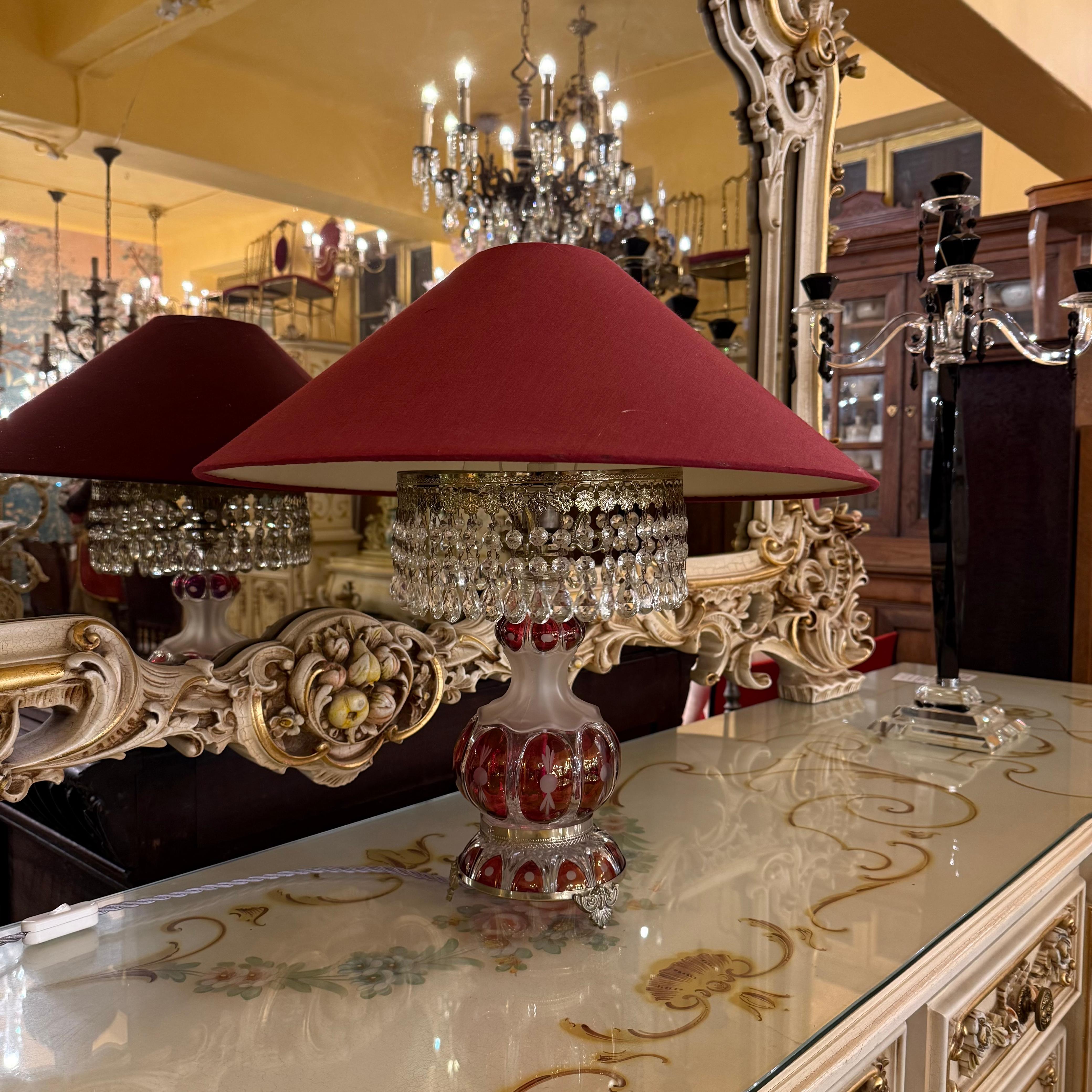 Bohemian Red Glass Lamp with Crystal Fringe, Mid-20th Century