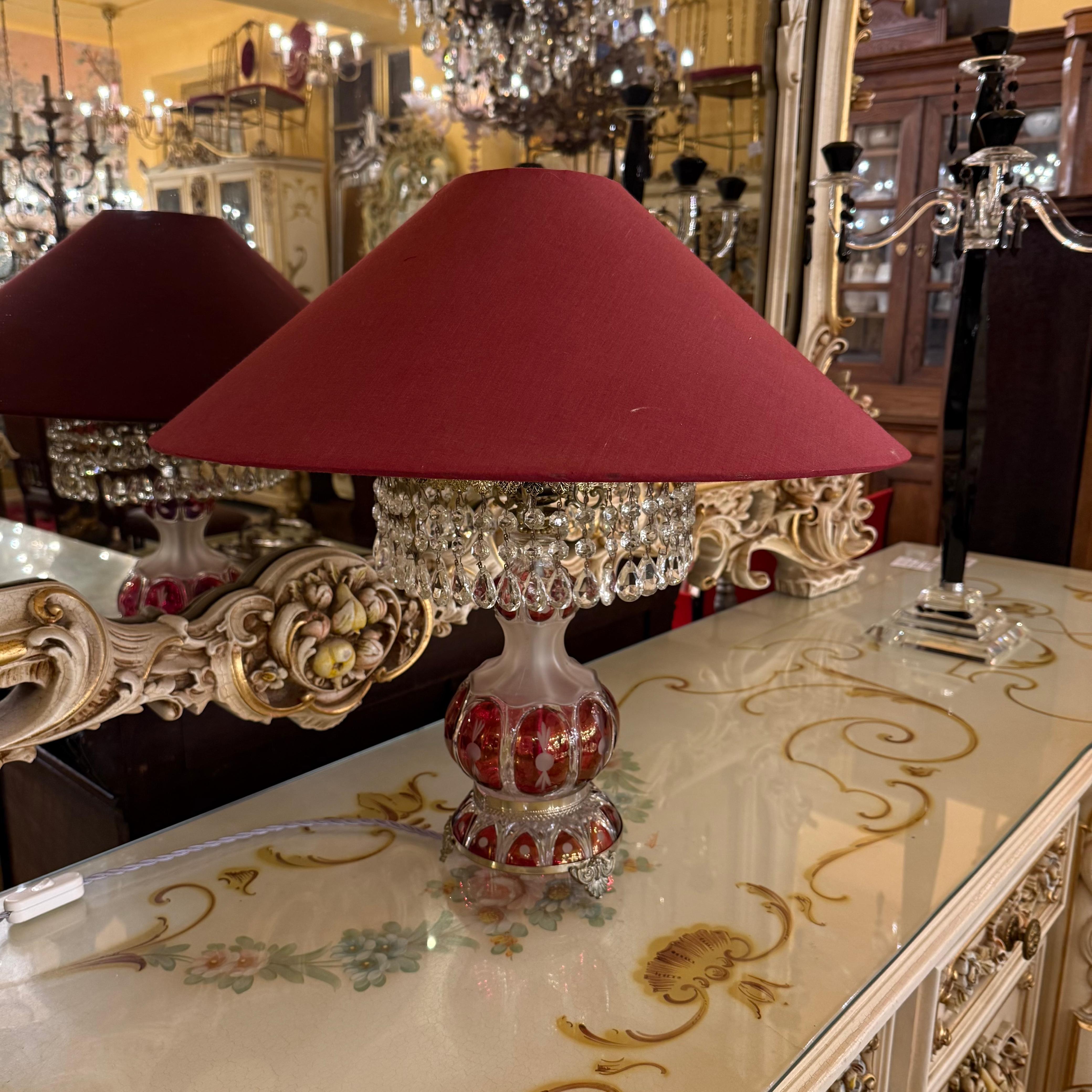 Bohemian Red Glass Lamp with Crystal Fringe, Mid-20th Century