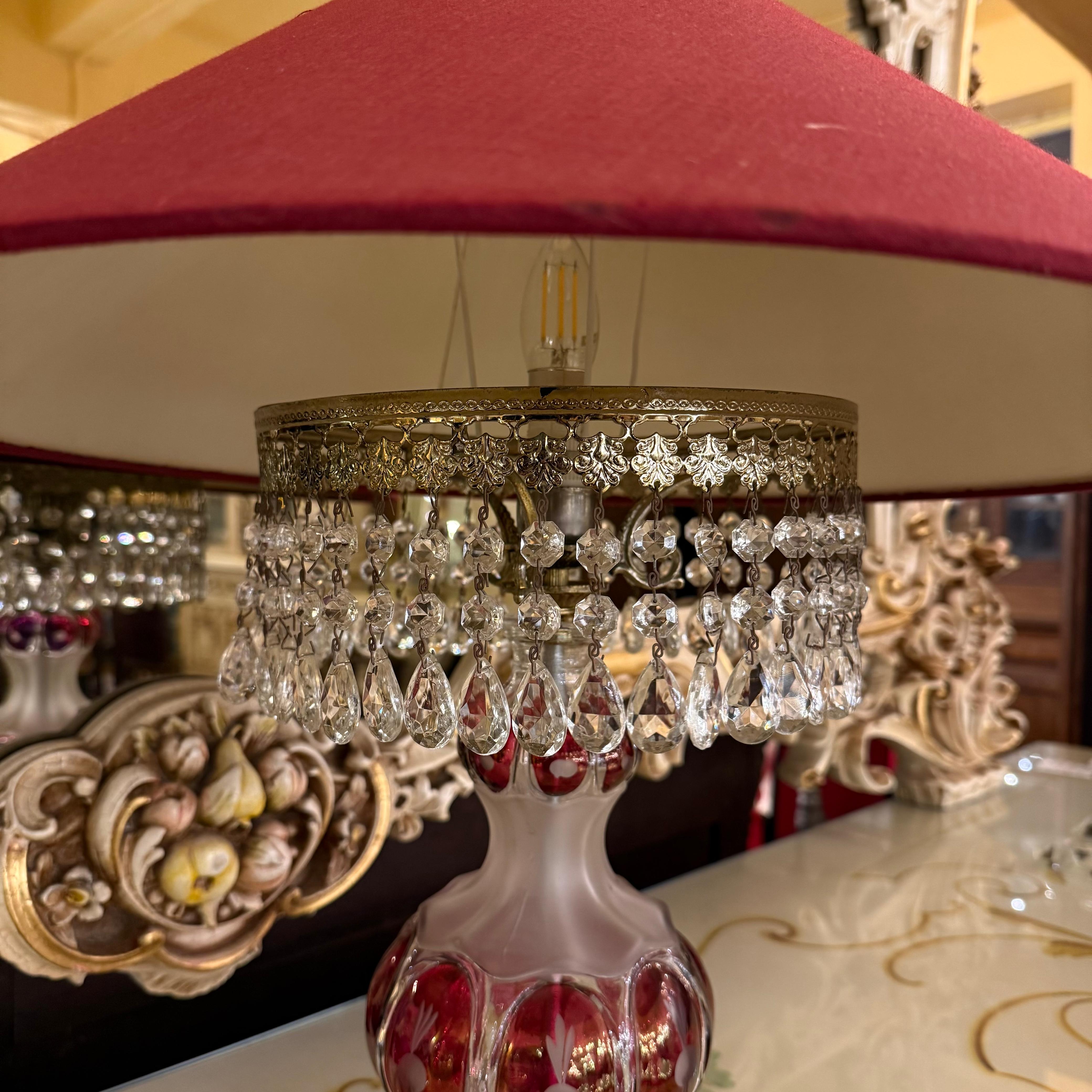Bohemian Red Glass Lamp with Crystal Fringe, Mid-20th Century