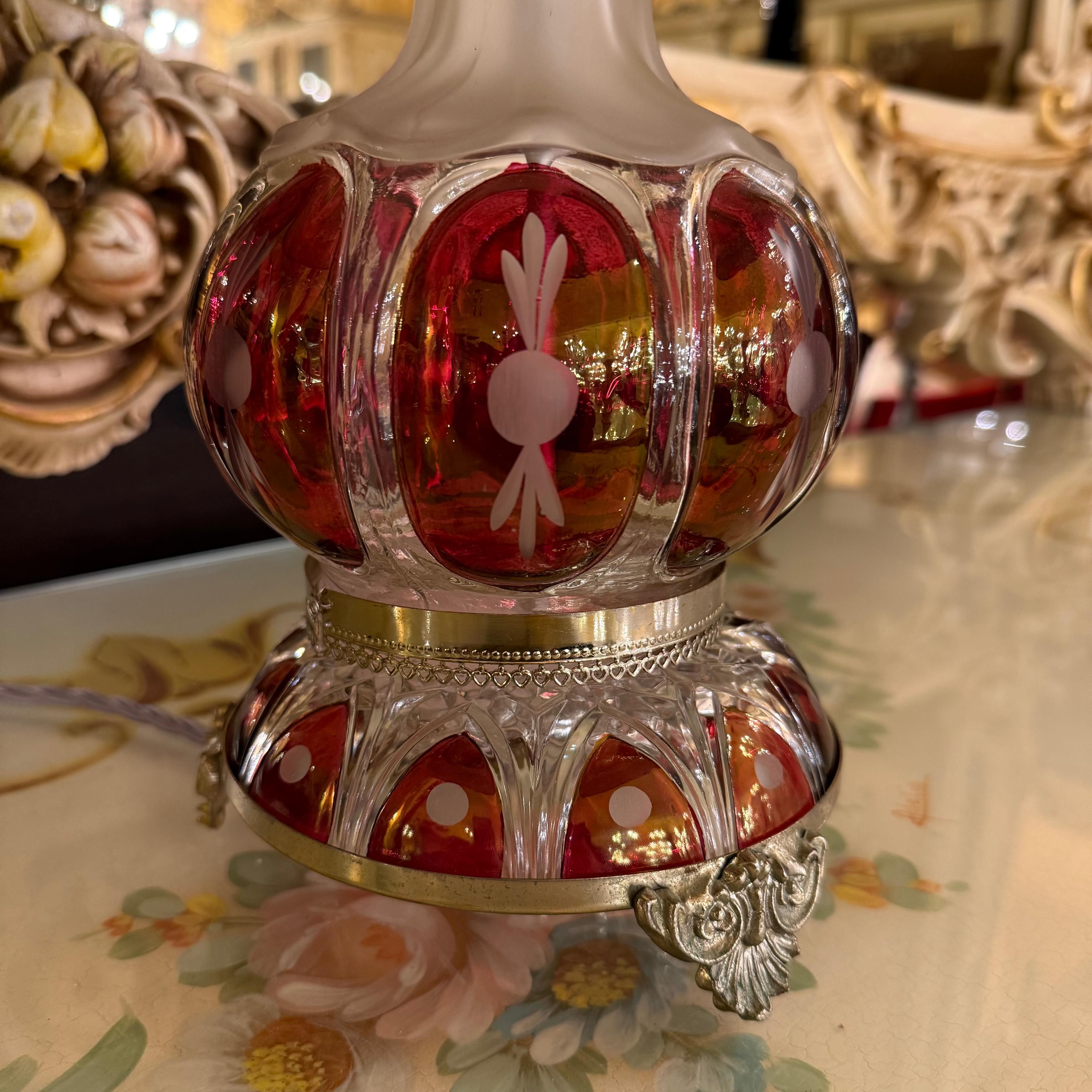 Bohemian Red Glass Lamp with Crystal Fringe, Mid-20th Century
