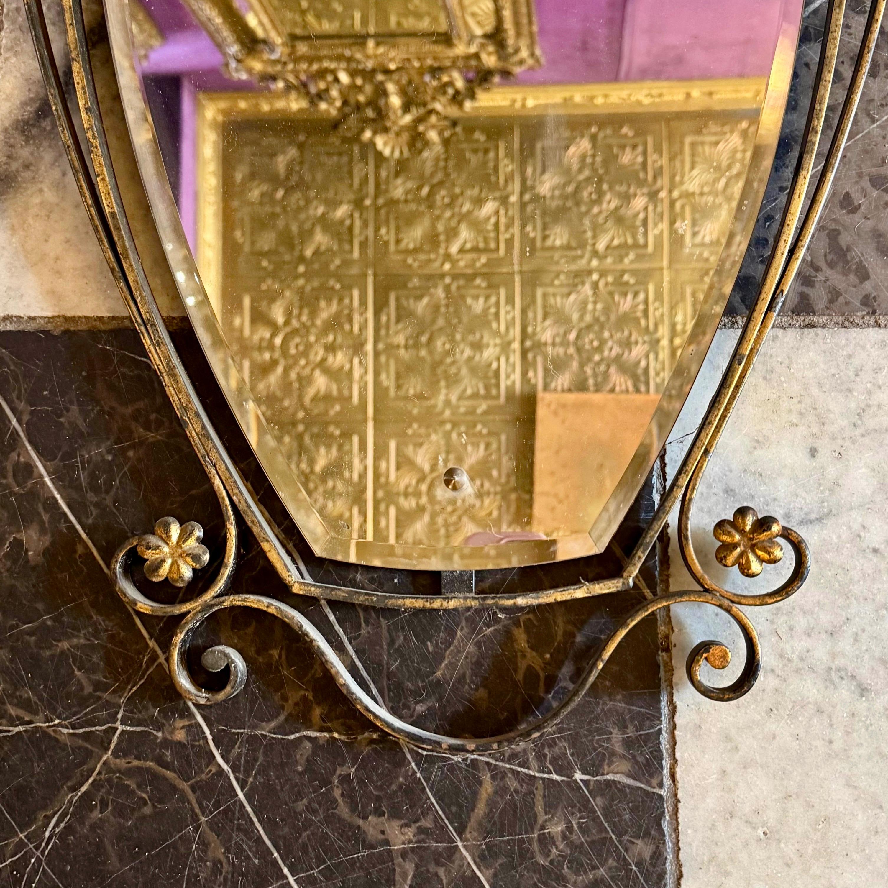 Wrought Iron Shield Mirror and Floral Adornments