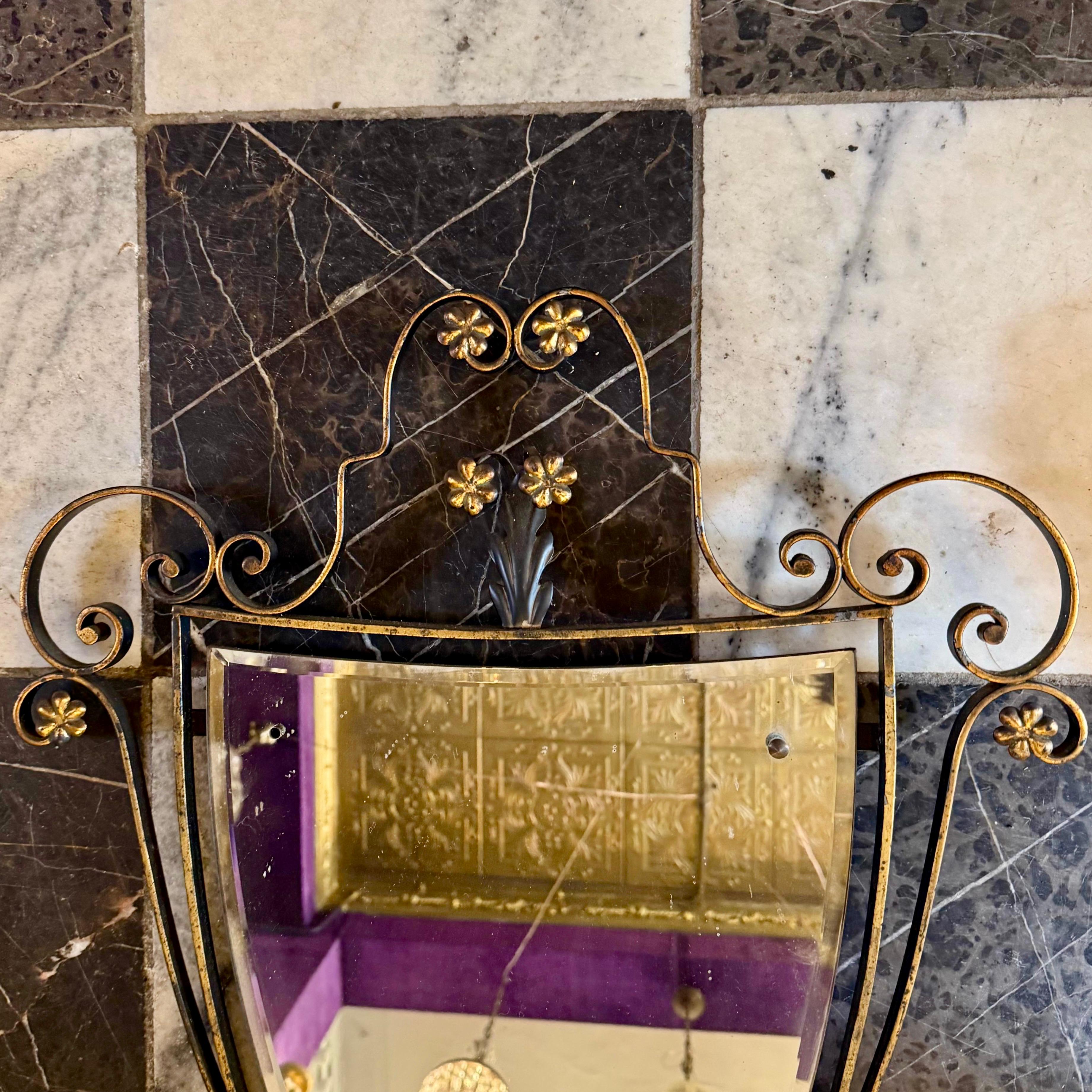 Wrought Iron Shield Mirror and Floral Adornments