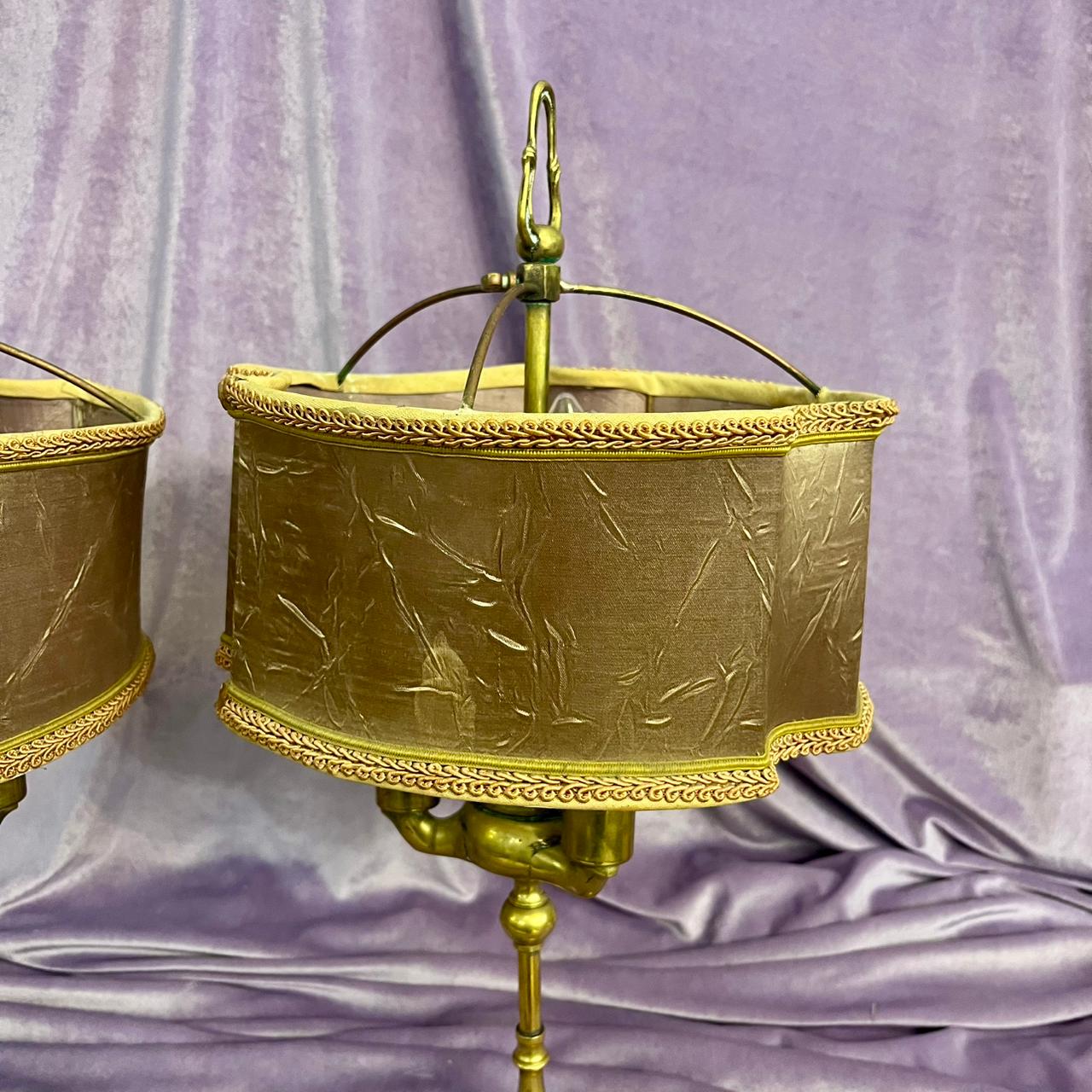 Pair of Antique Brass Lamps with Dusty Mauve Shade