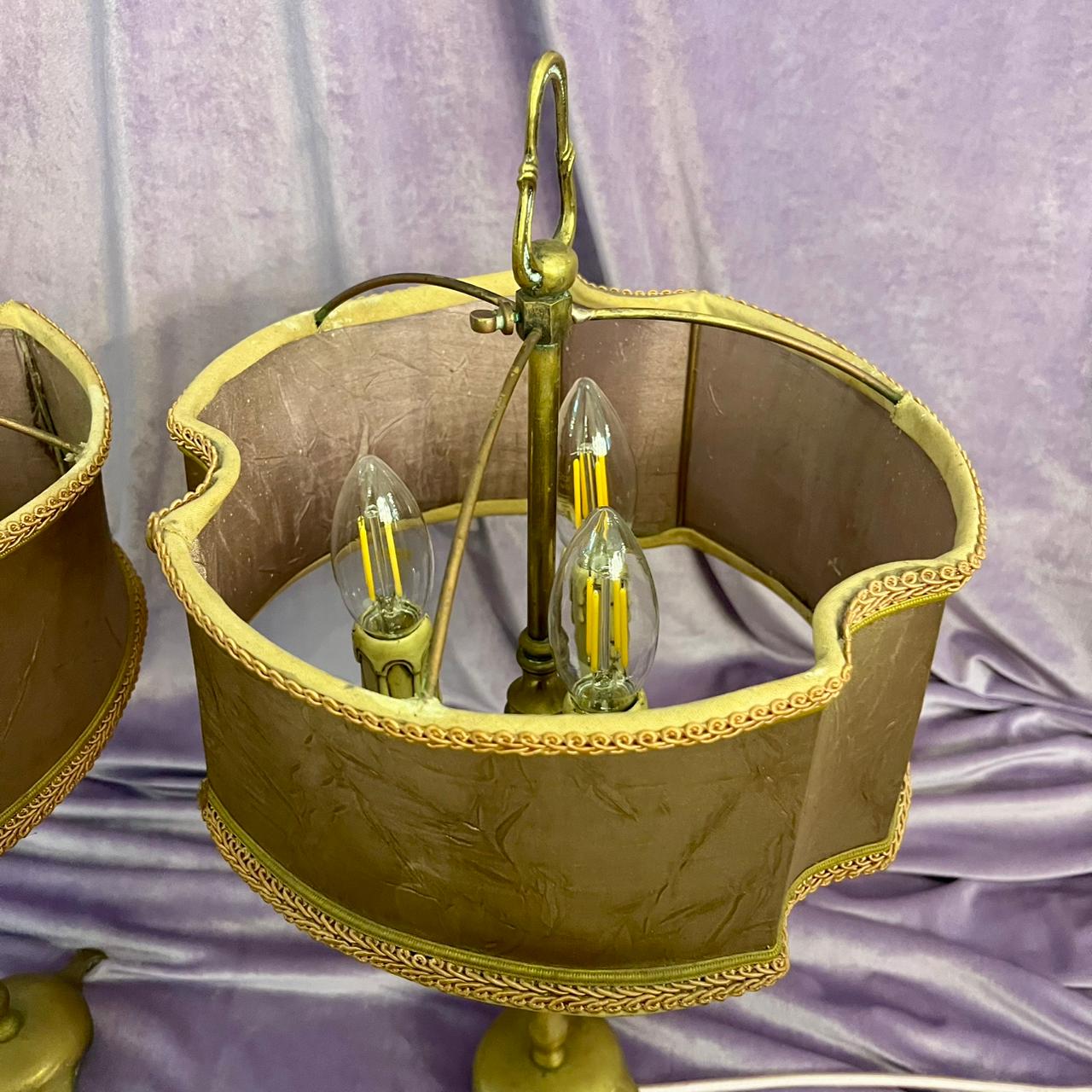 Pair of Antique Brass Lamps with Dusty Mauve Shade