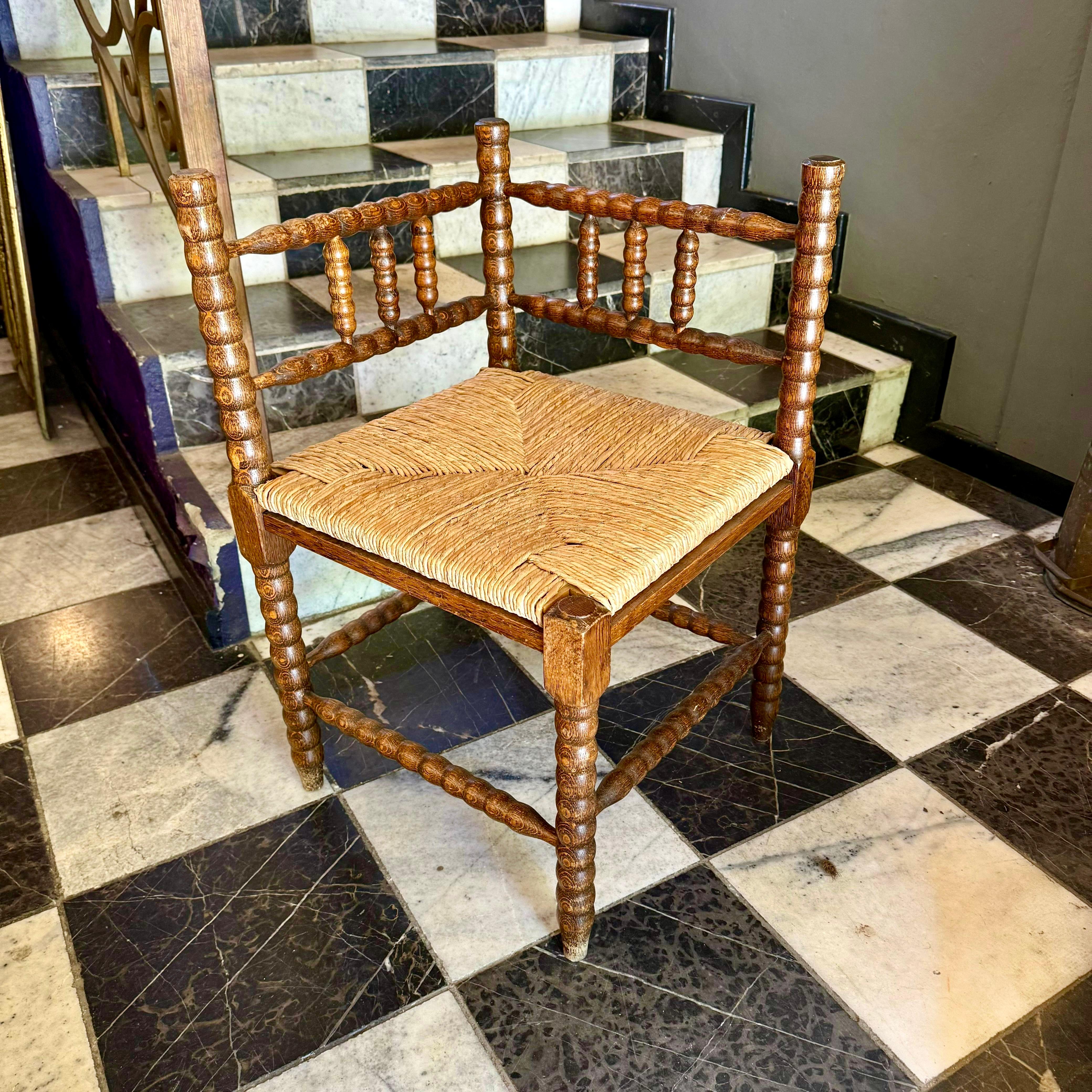 Antique Twisted Oak Corner Chair with Rattan Seat - SOLD