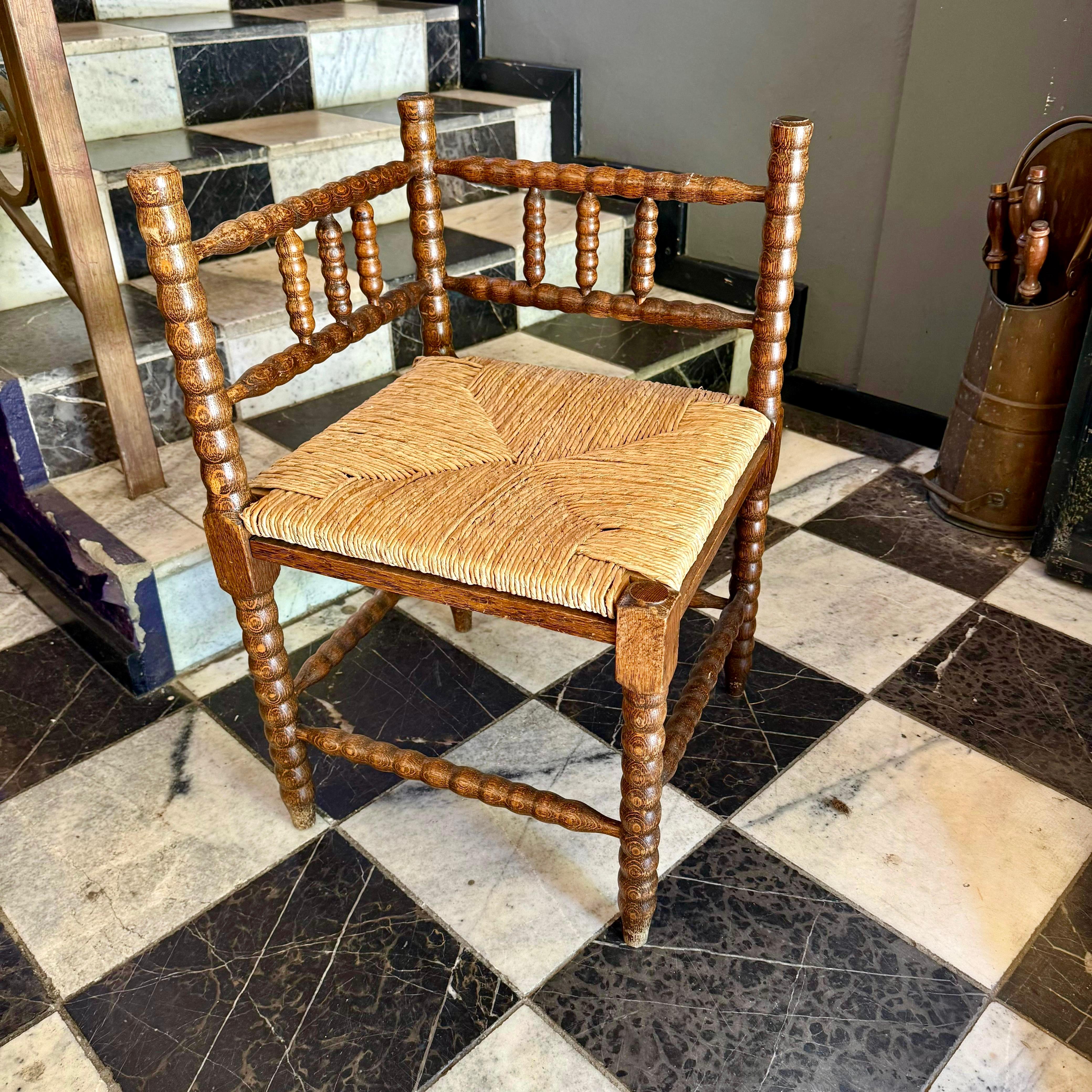 Antique Twisted Oak Corner Chair with Rattan Seat - SOLD