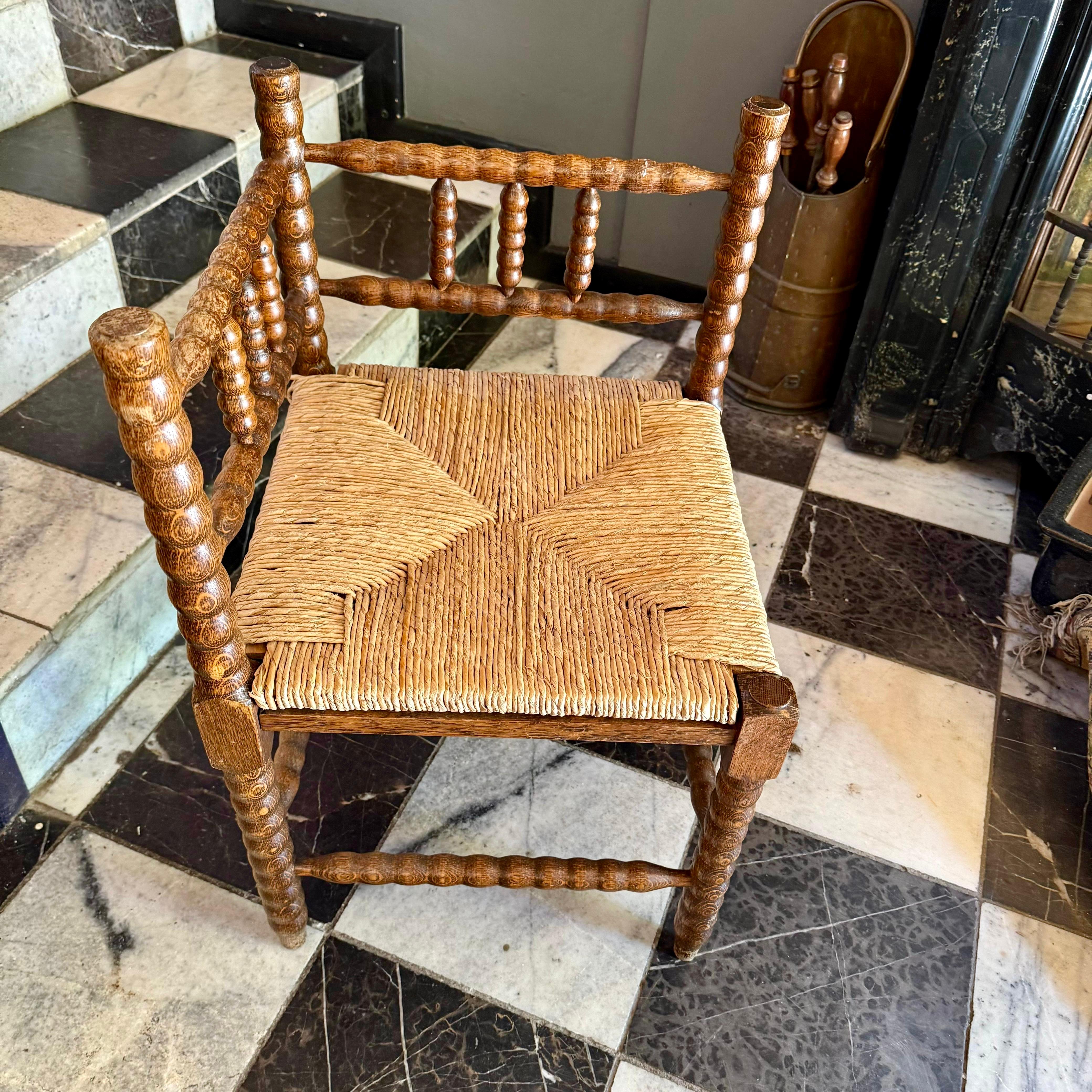 Antique Twisted Oak Corner Chair with Rattan Seat - SOLD