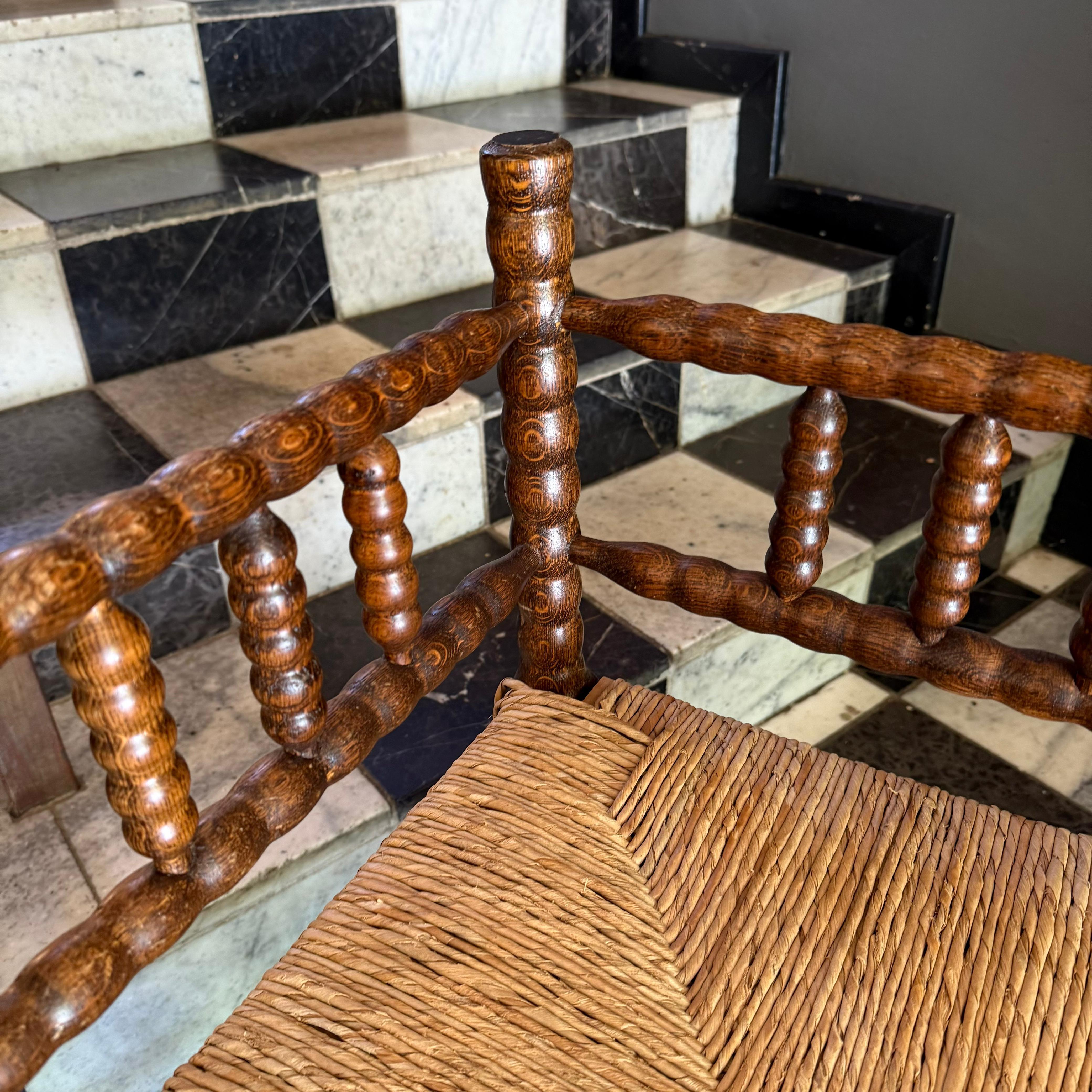 Antique Twisted Oak Corner Chair with Rattan Seat - SOLD