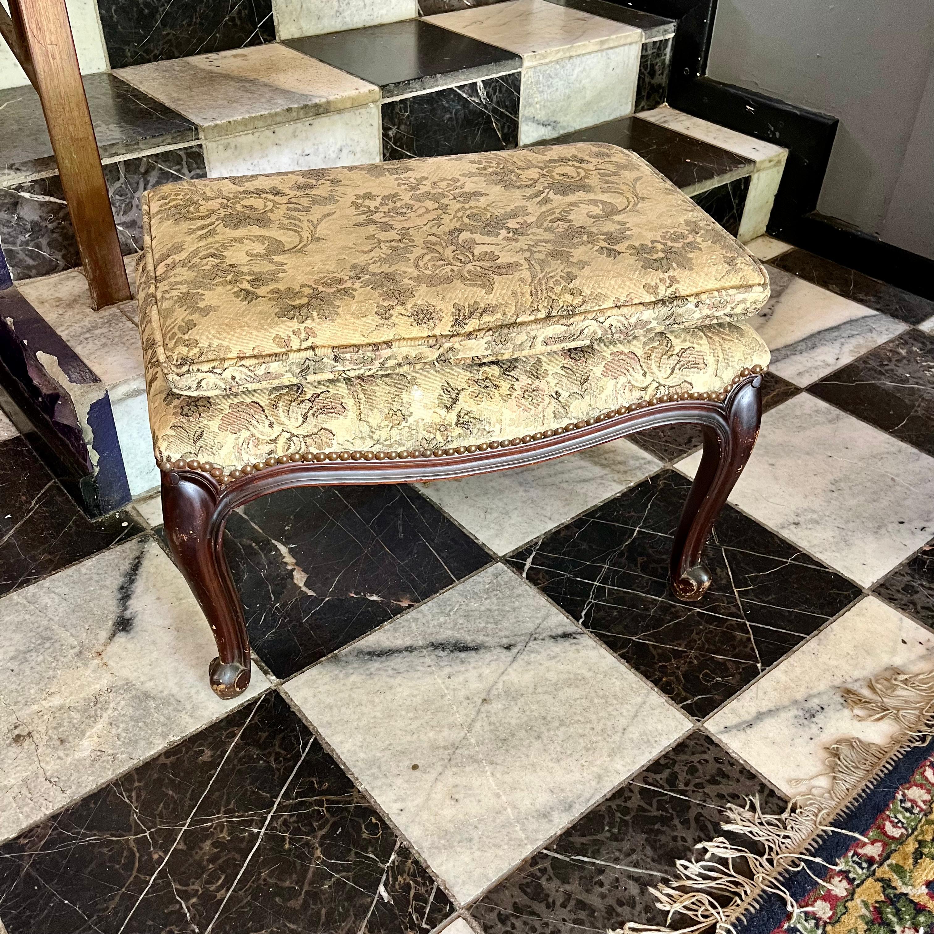 Antique Carved Oak Piano Stool with Brass Studded Floral Upholstery