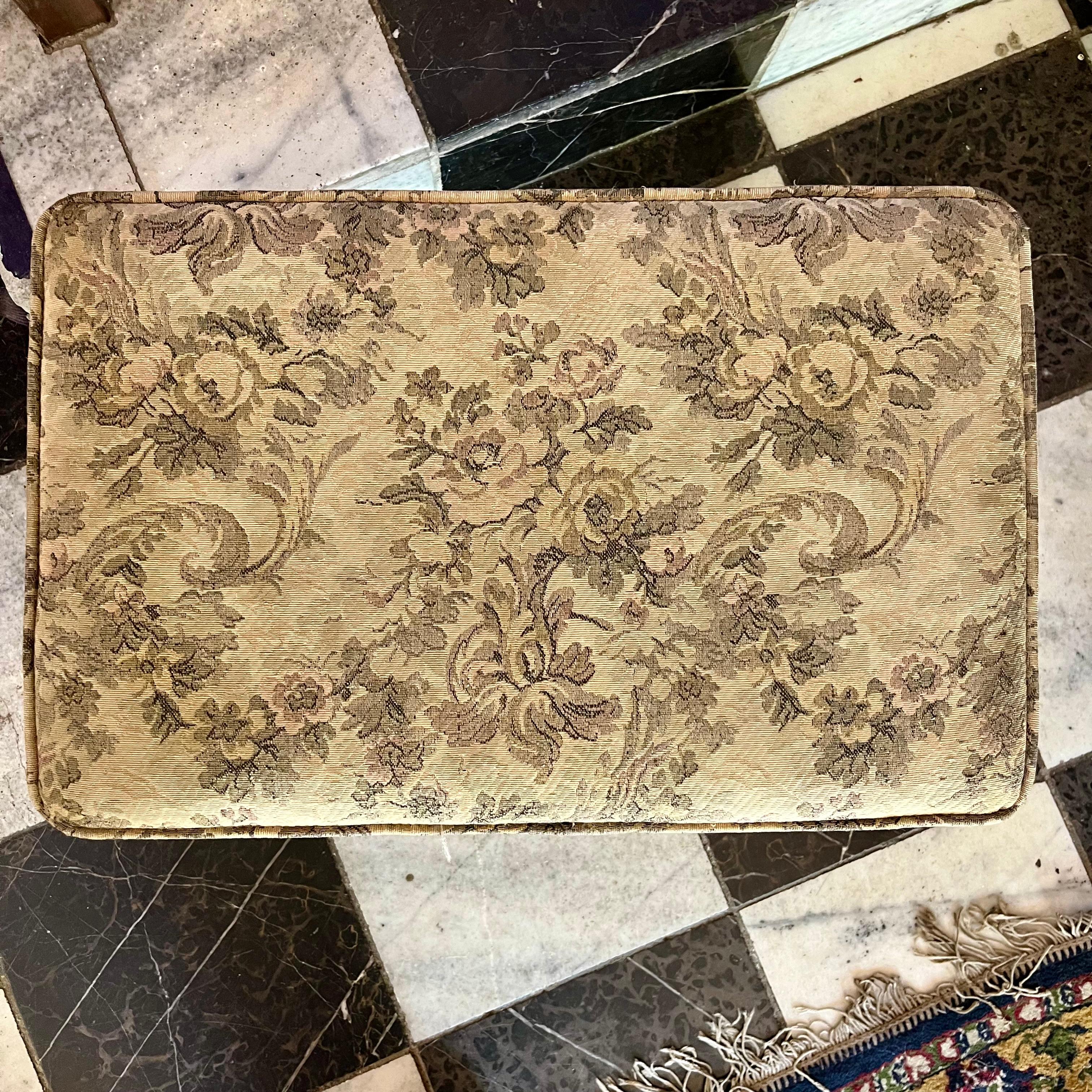 Antique Carved Oak Piano Stool with Brass Studded Floral Upholstery