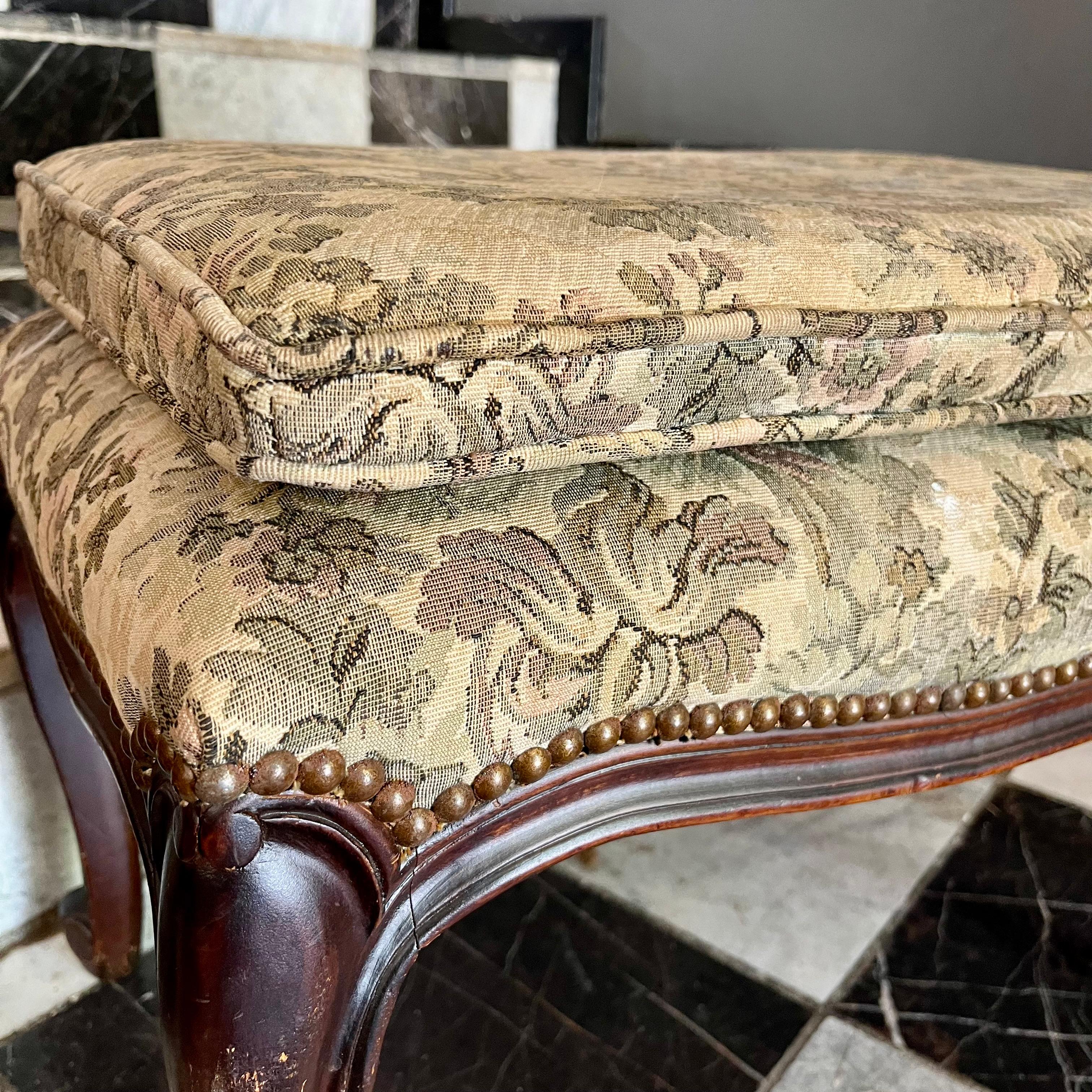 Antique Carved Oak Piano Stool with Brass Studded Floral Upholstery