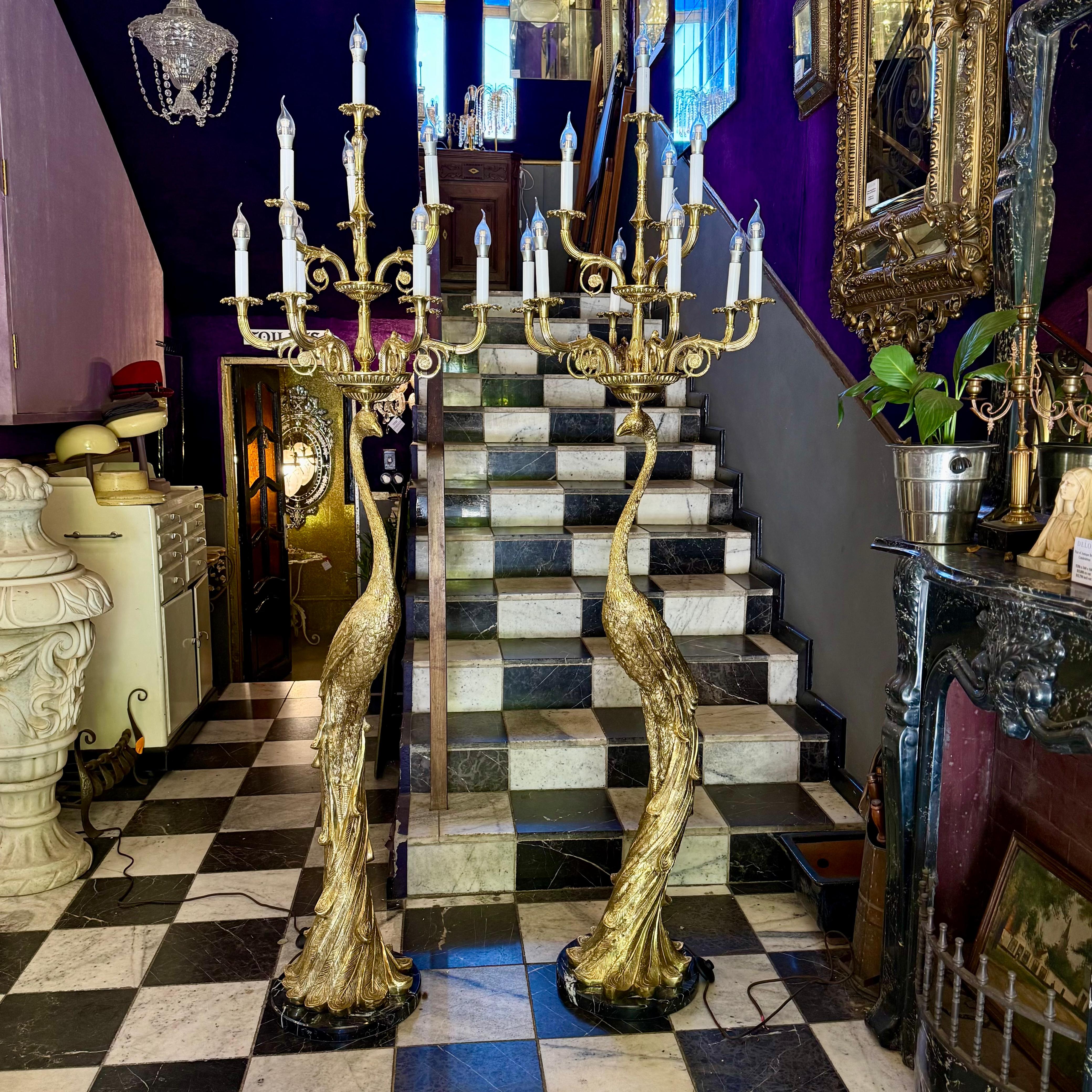 Pair of Brass Peacock Standing Lamps