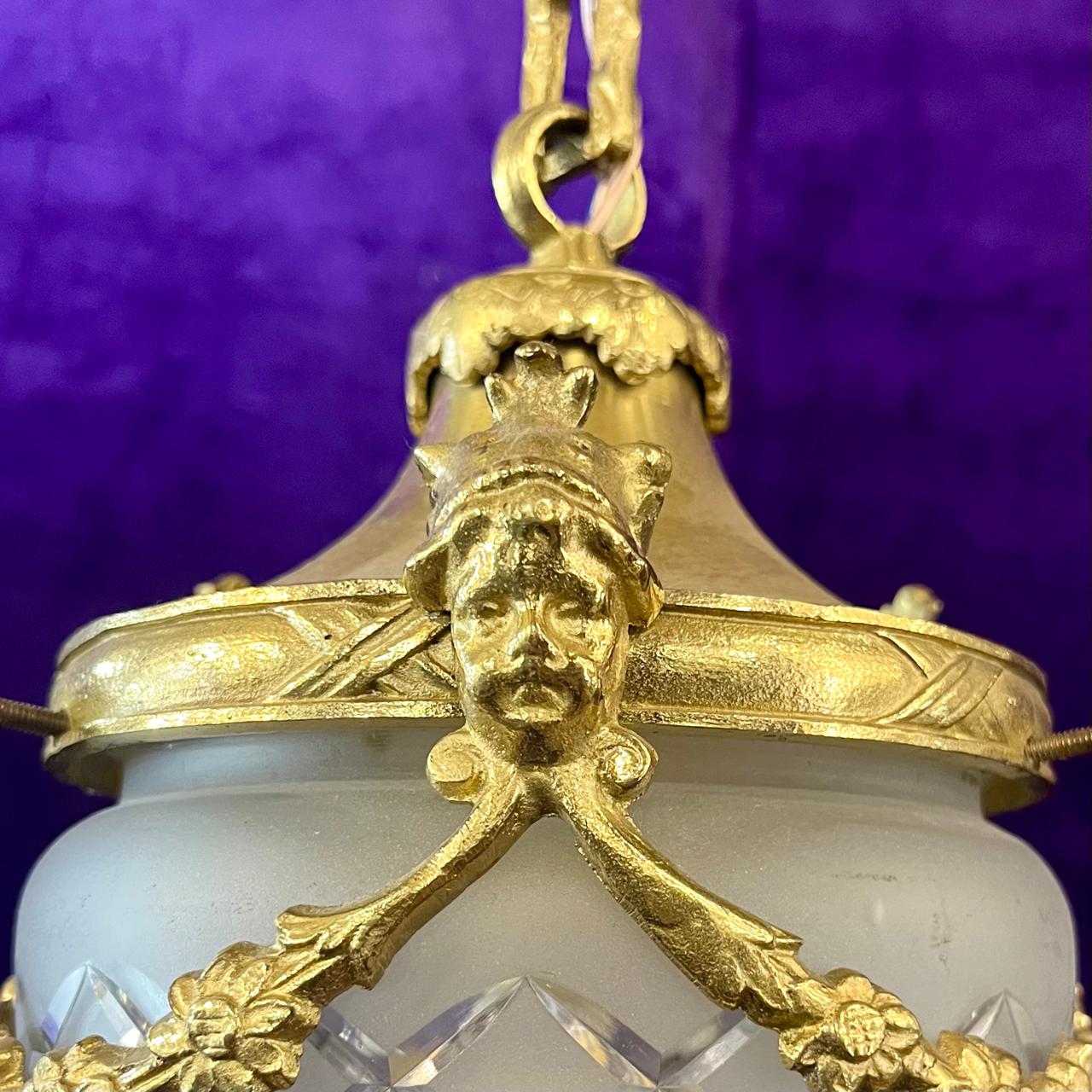 Antique Gilt Bronze & Frosted Glass Pendant with Decorative Mask Mounts