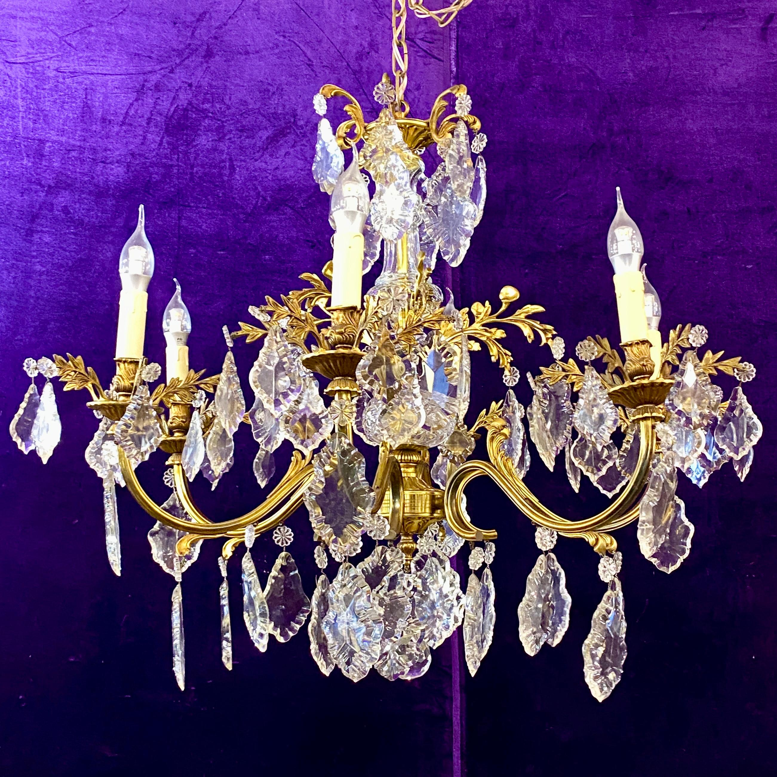 Gilt Brass & Antique French Crystal Chandelier - SOLD