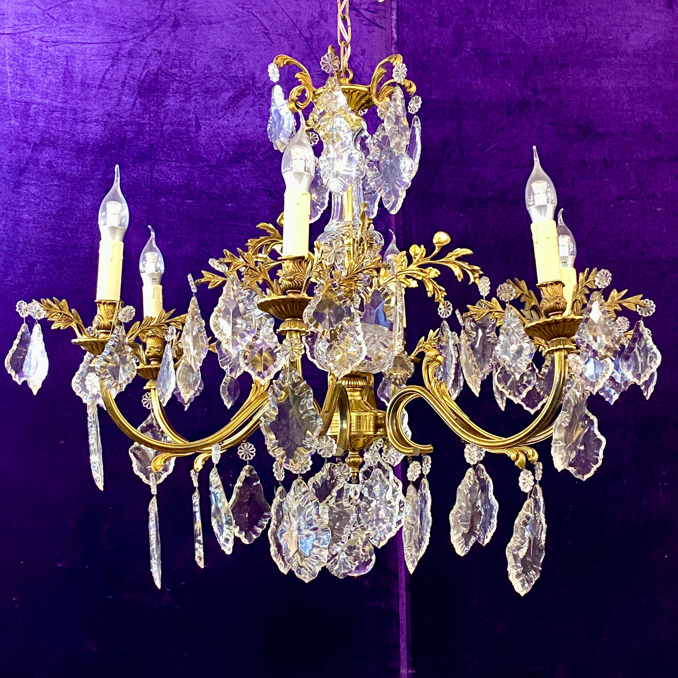Gilt Brass & Antique French Crystal Chandelier - SOLD
