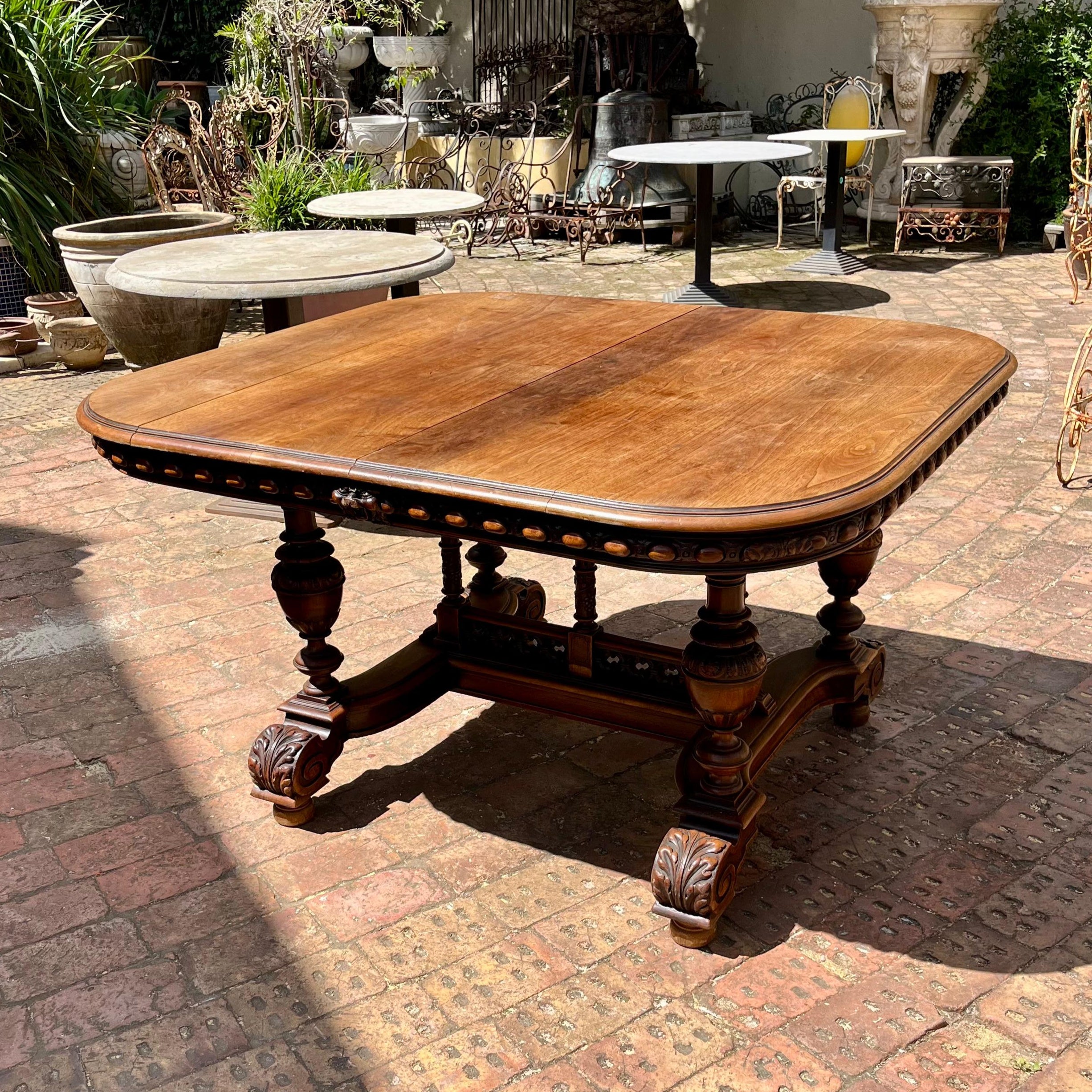 Large Antique Oak Dining Table with Carved Detailing, Late 19th Century