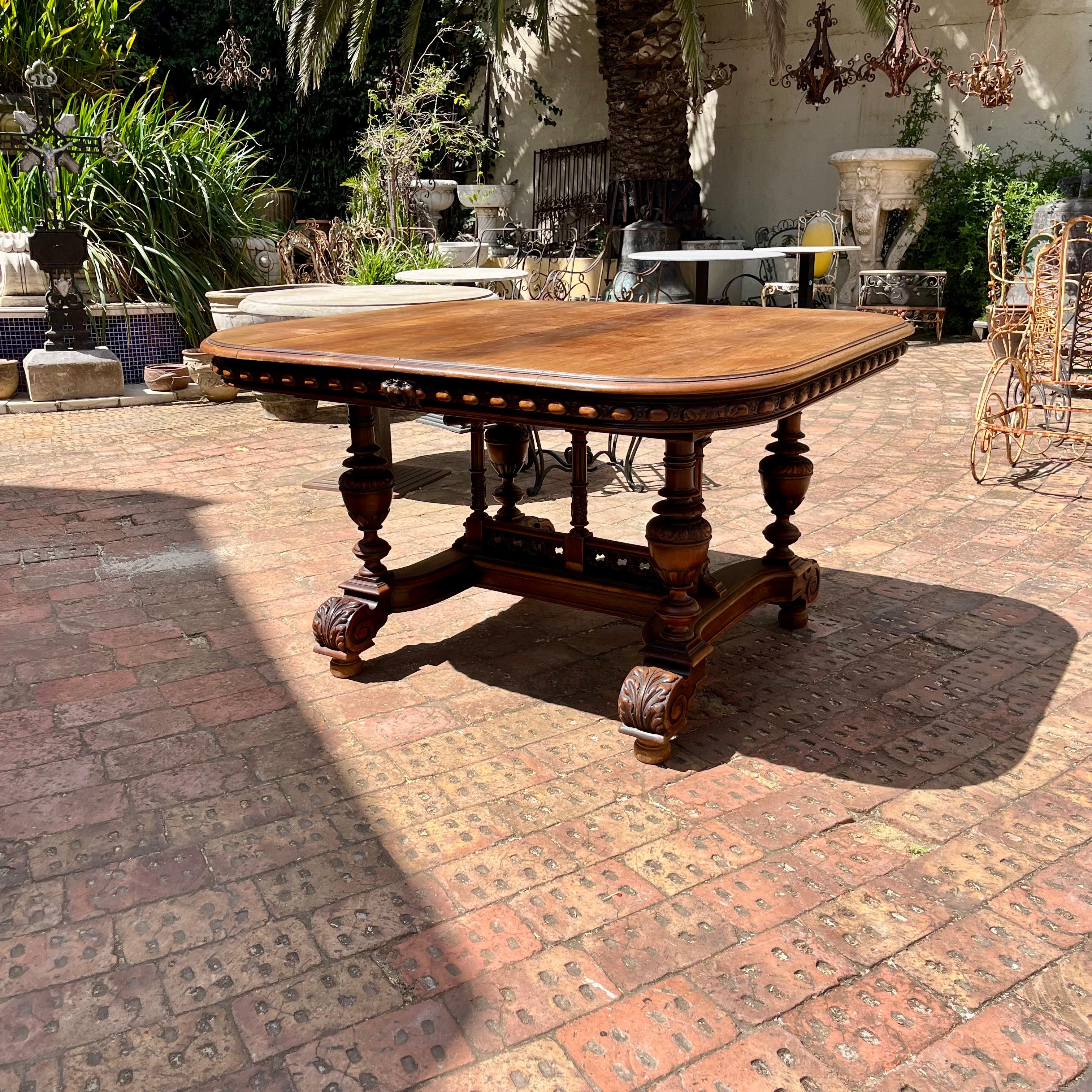 Large Antique Oak Dining Table with Carved Detailing, Late 19th Century