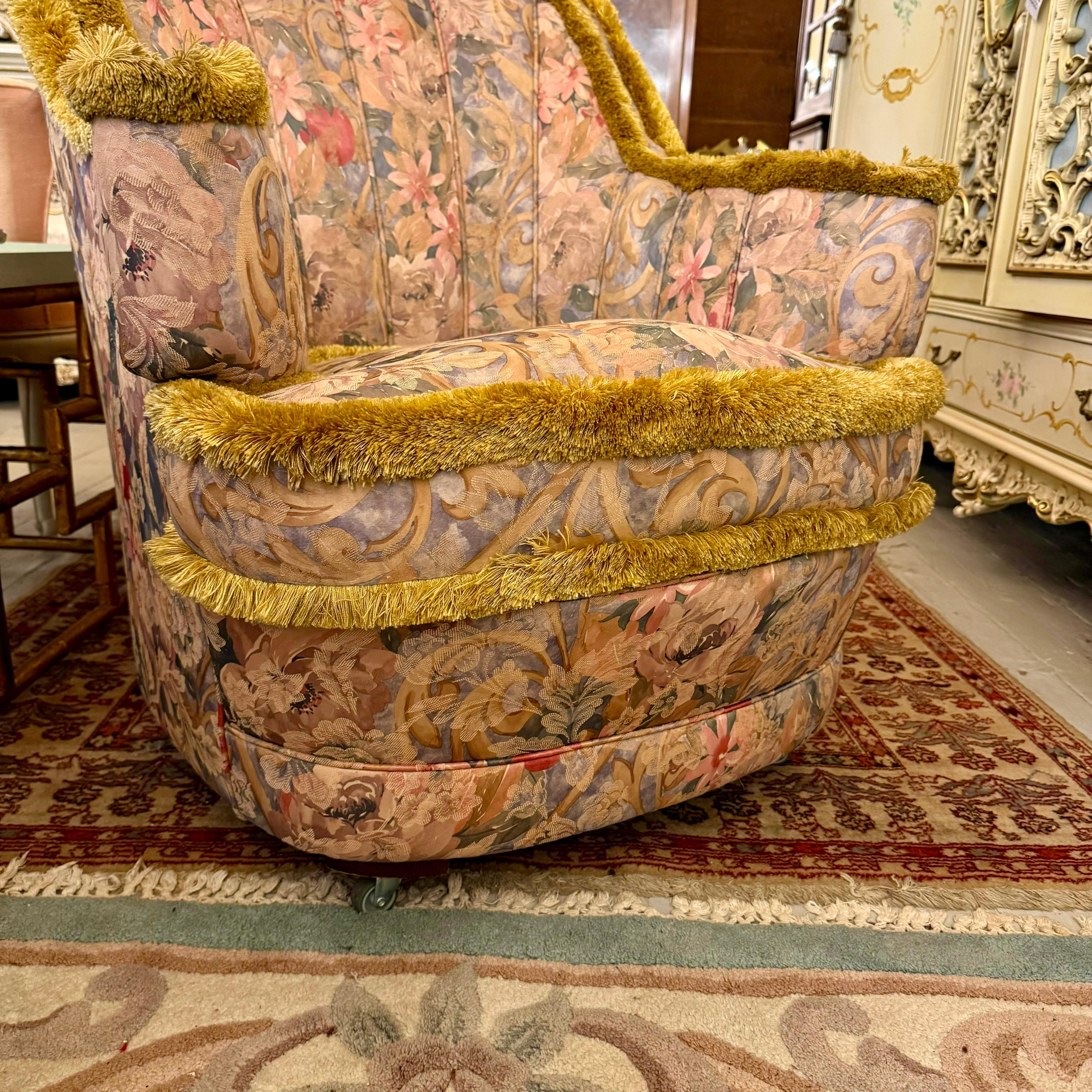 Vintage Floral Lounge Chair with Fringe Detailing