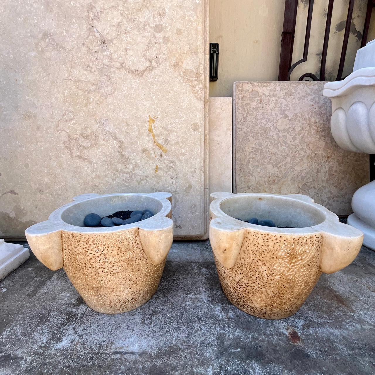 Pair of Craved Marble Planters with Pitted Exterior - SOLD