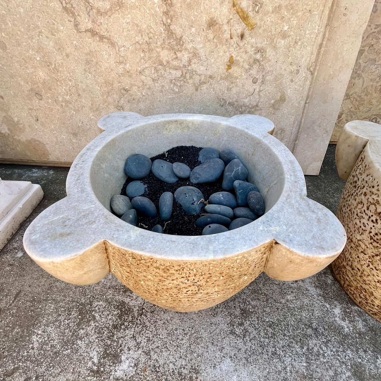 Pair of Craved Marble Planters with Pitted Exterior - SOLD