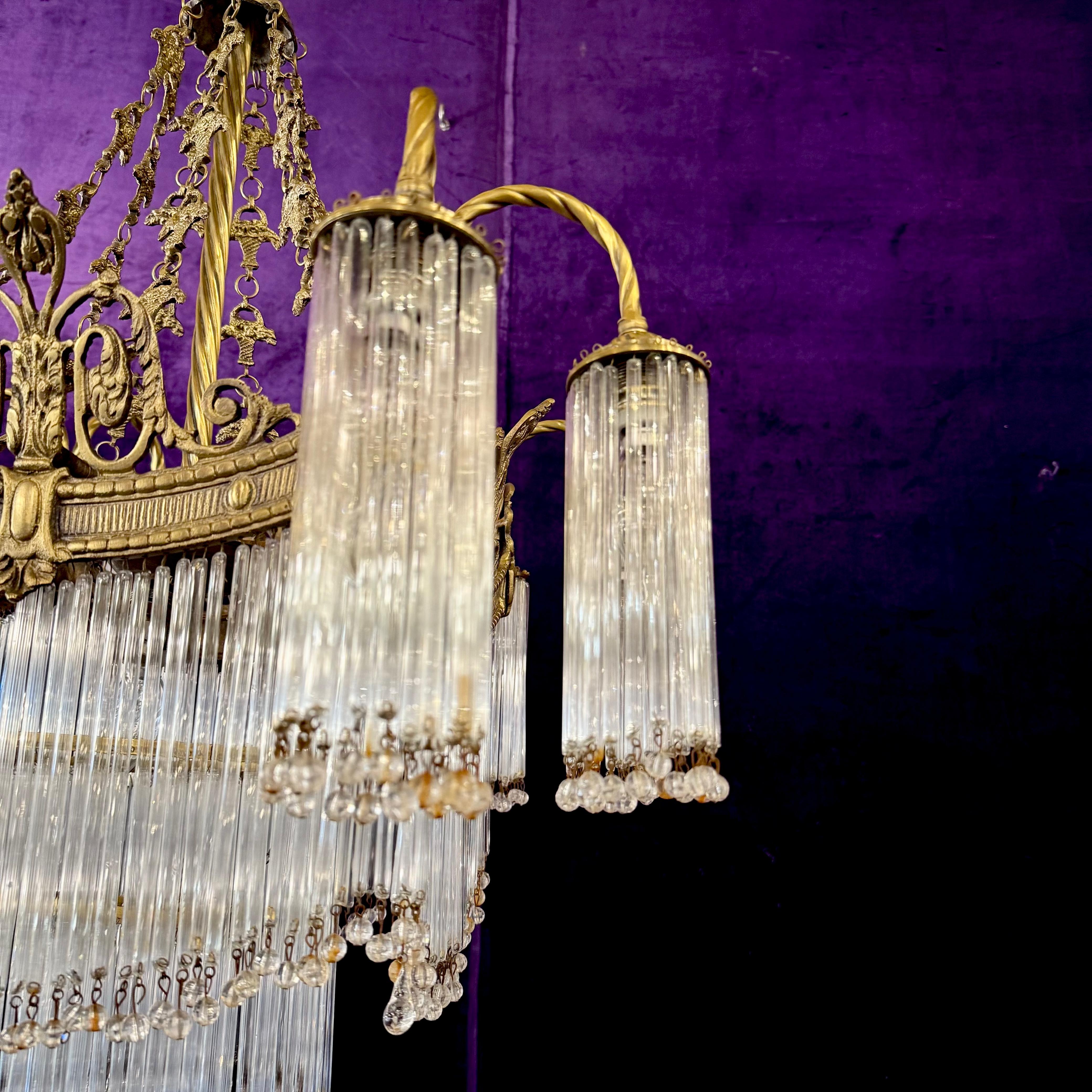 Large Tiered Brass and Glass Fringe Chandelier, c. 1910s–1920s