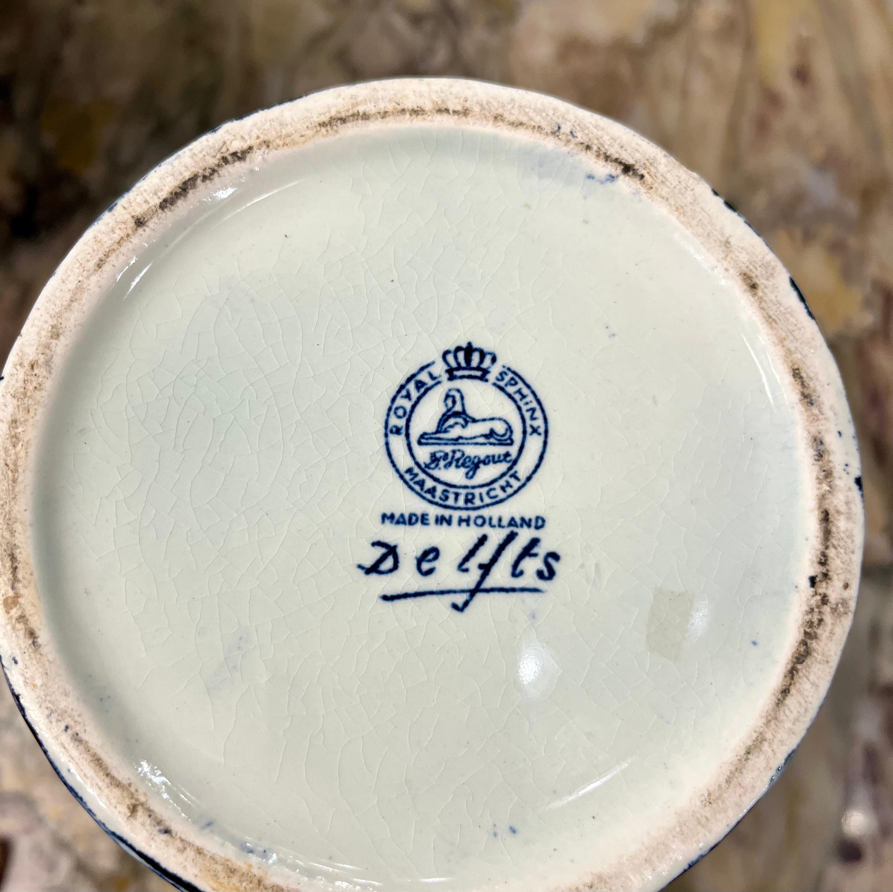 Near Pair of Delft Blue & White Covered Vases, Royal Sphinx Maastricht, Holland, 20th Century - SOLD