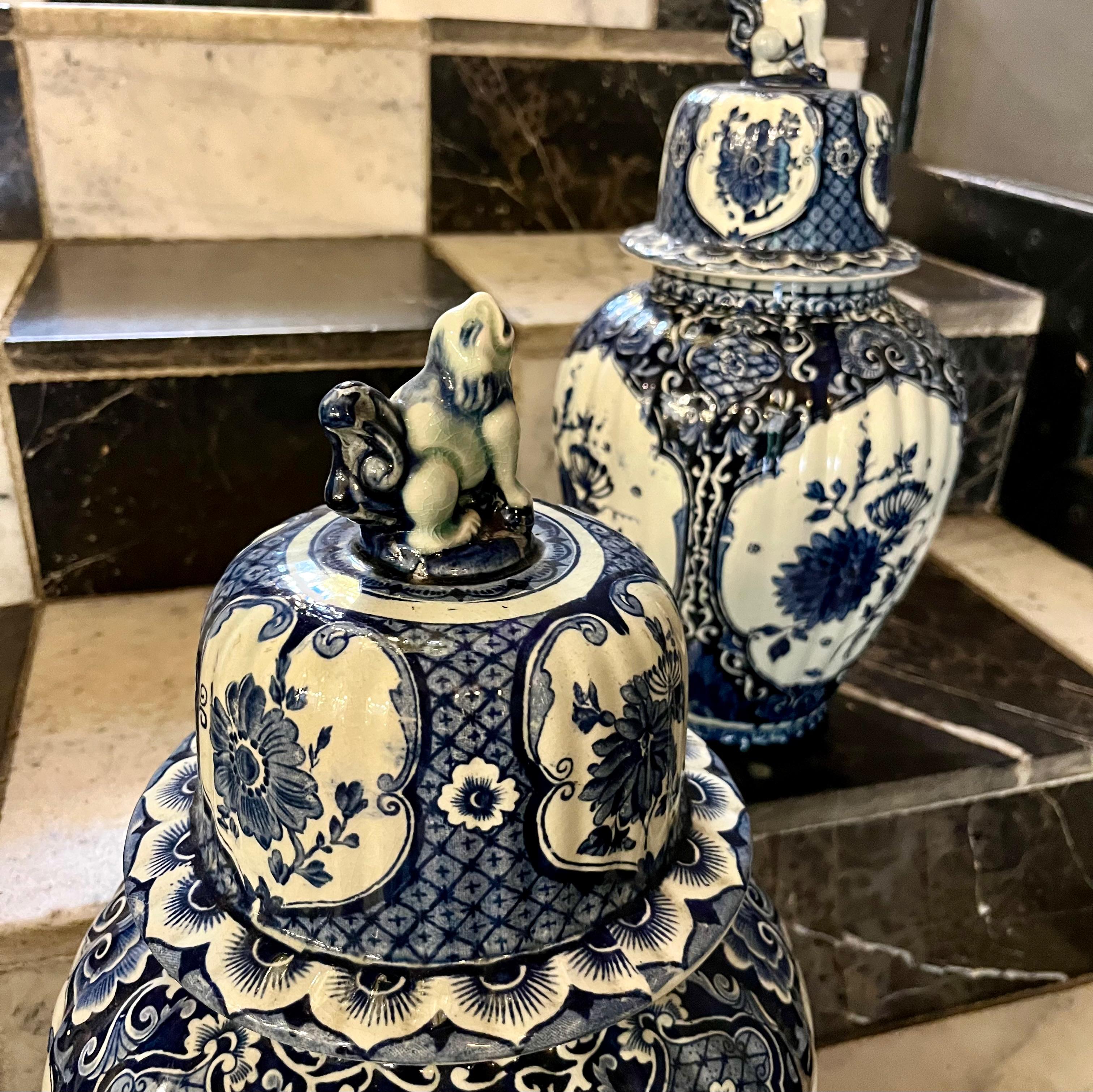 Near Pair of Delft Blue & White Covered Vases, Royal Sphinx Maastricht, Holland, 20th Century - SOLD