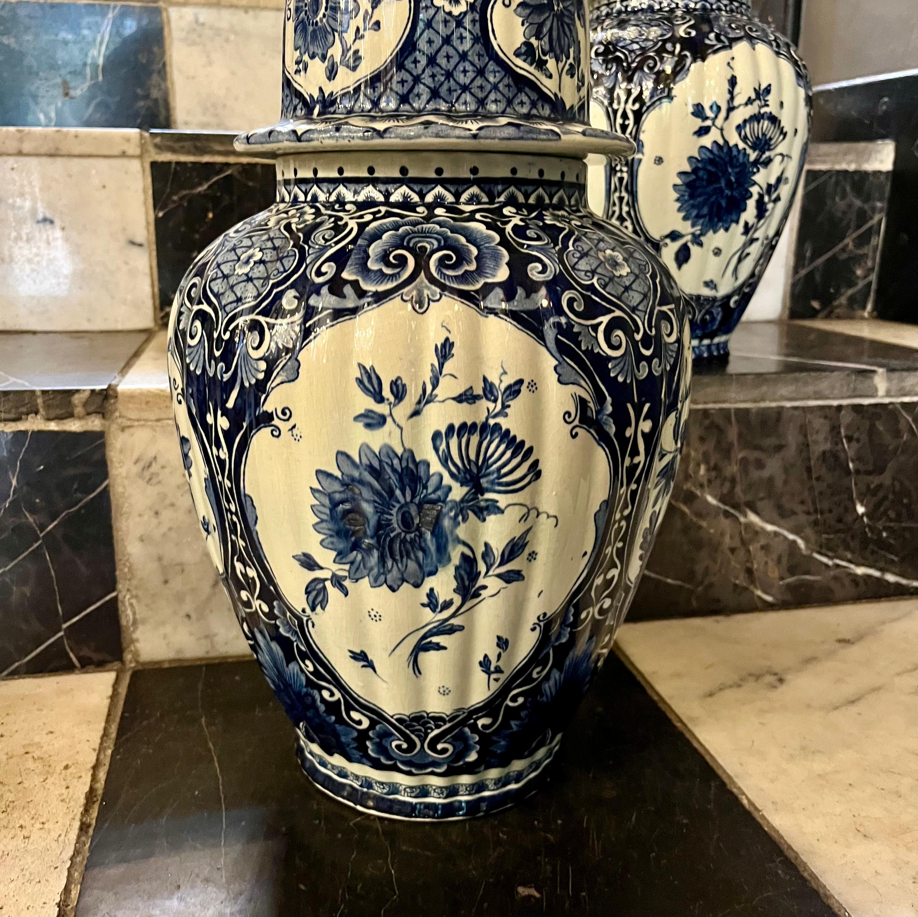 Near Pair of Delft Blue & White Covered Vases, Royal Sphinx Maastricht, Holland, 20th Century - SOLD