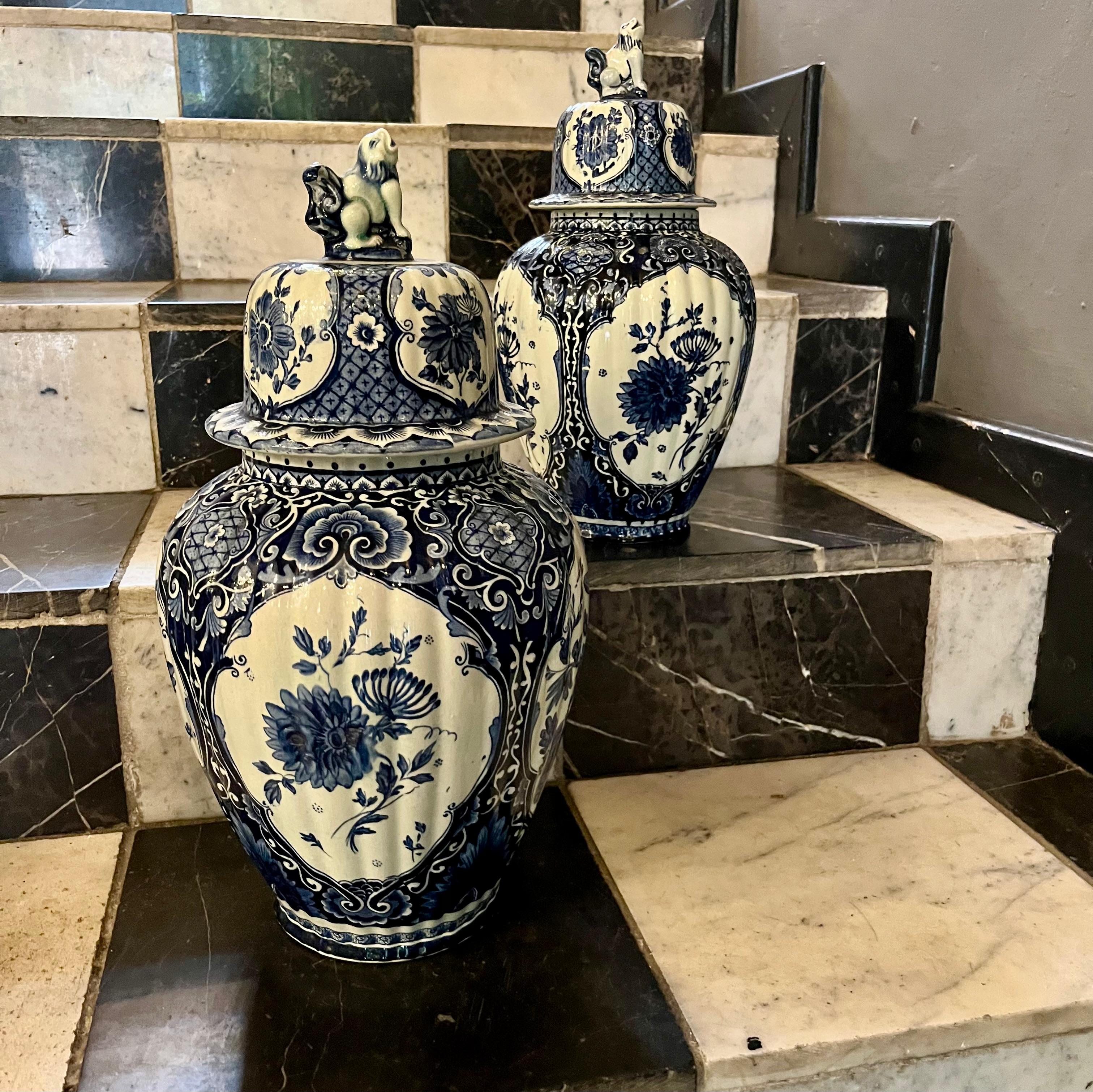 Near Pair of Delft Blue & White Covered Vases, Royal Sphinx Maastricht, Holland, 20th Century - SOLD