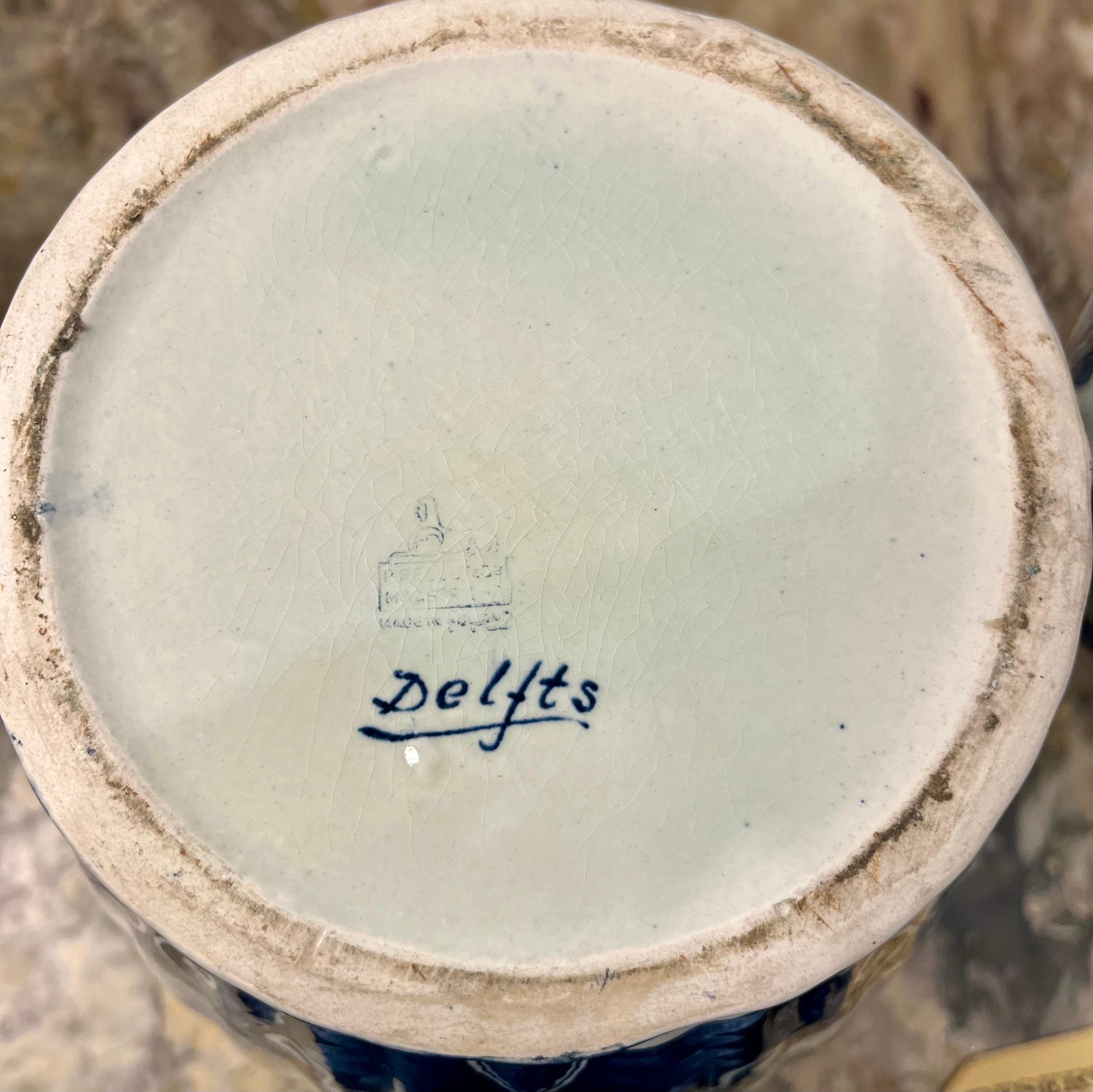 Near Pair of Delft Blue & White Covered Vases, Royal Sphinx Maastricht, Holland, 20th Century - SOLD