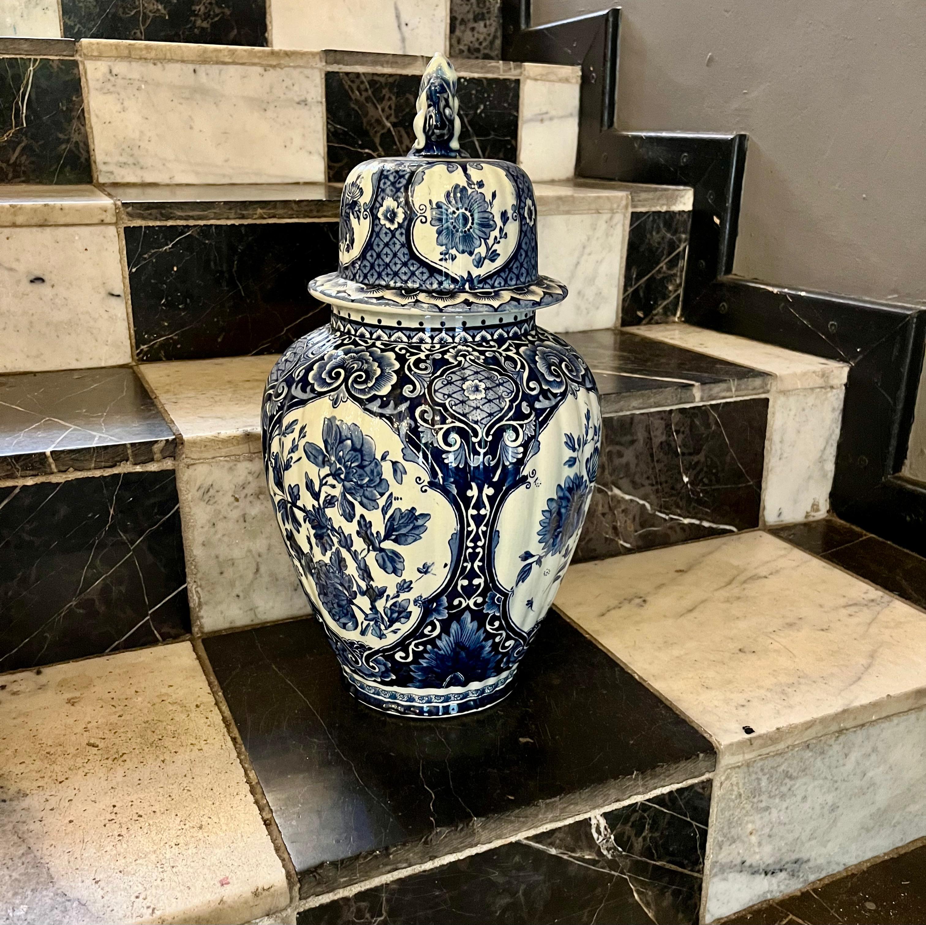 Near Pair of Delft Blue & White Covered Vases, Royal Sphinx Maastricht, Holland, 20th Century - SOLD