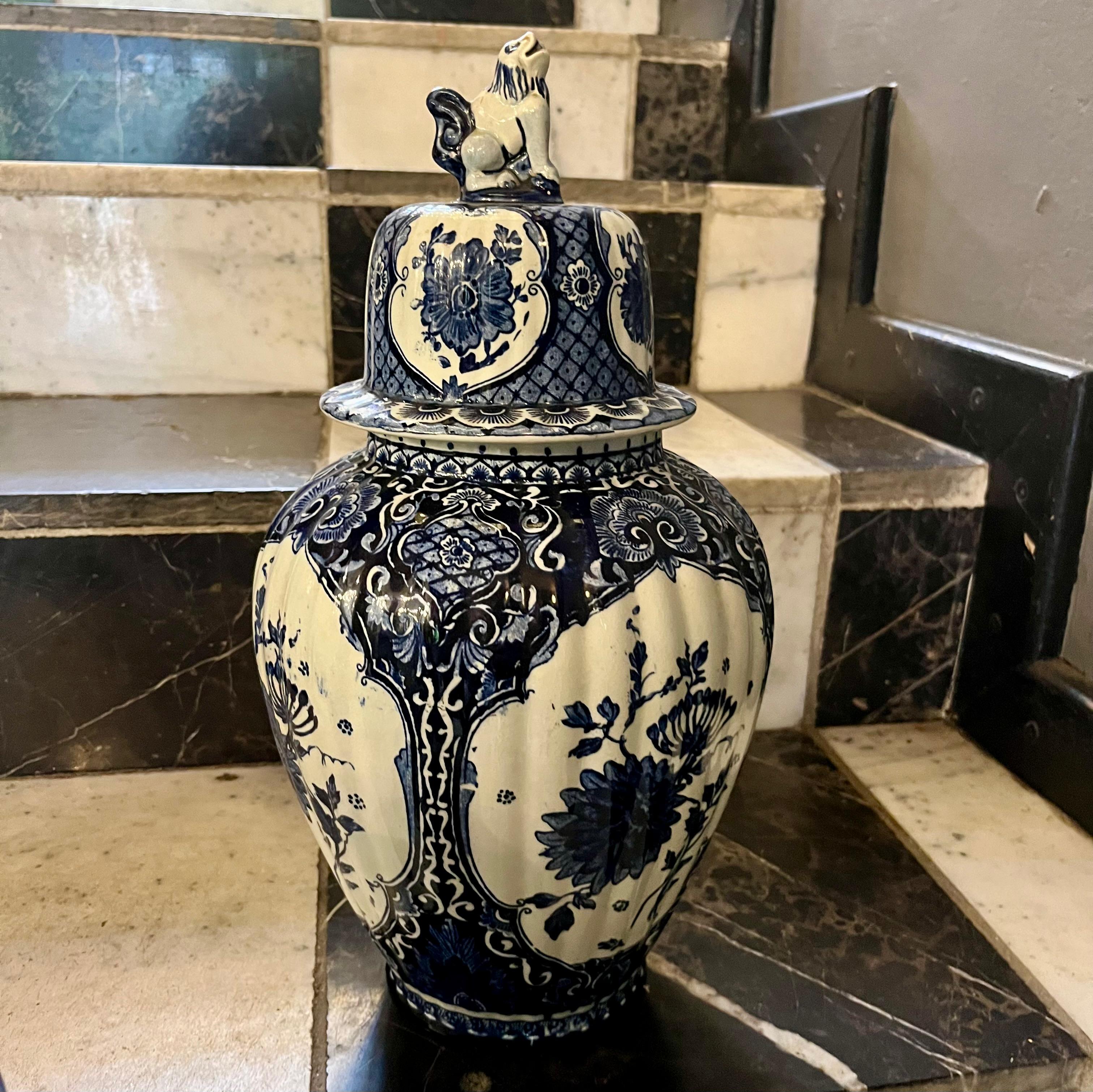 Near Pair of Delft Blue & White Covered Vases, Royal Sphinx Maastricht, Holland, 20th Century - SOLD