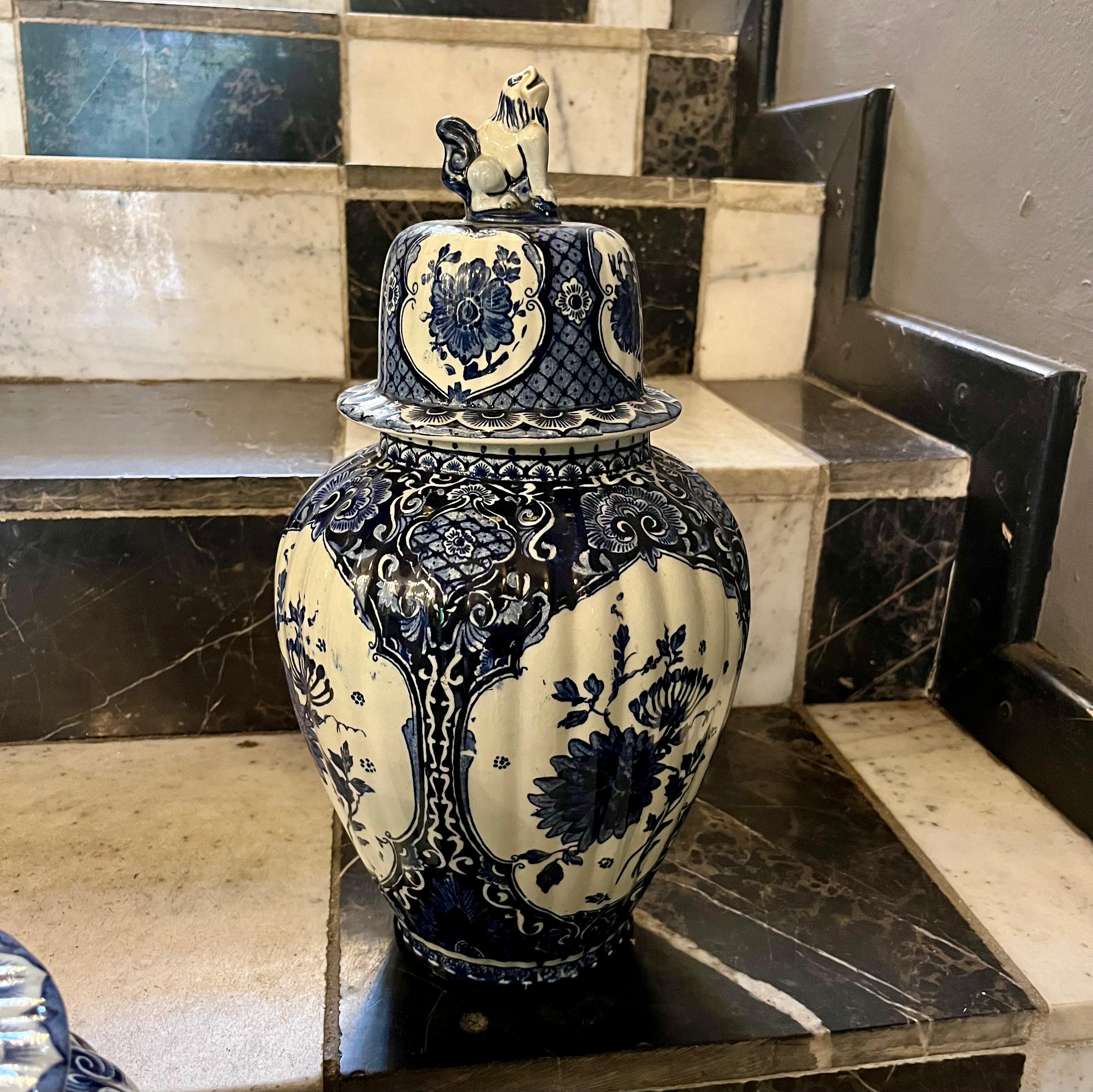 Near Pair of Delft Blue & White Covered Vases, Royal Sphinx Maastricht, Holland, 20th Century - SOLD
