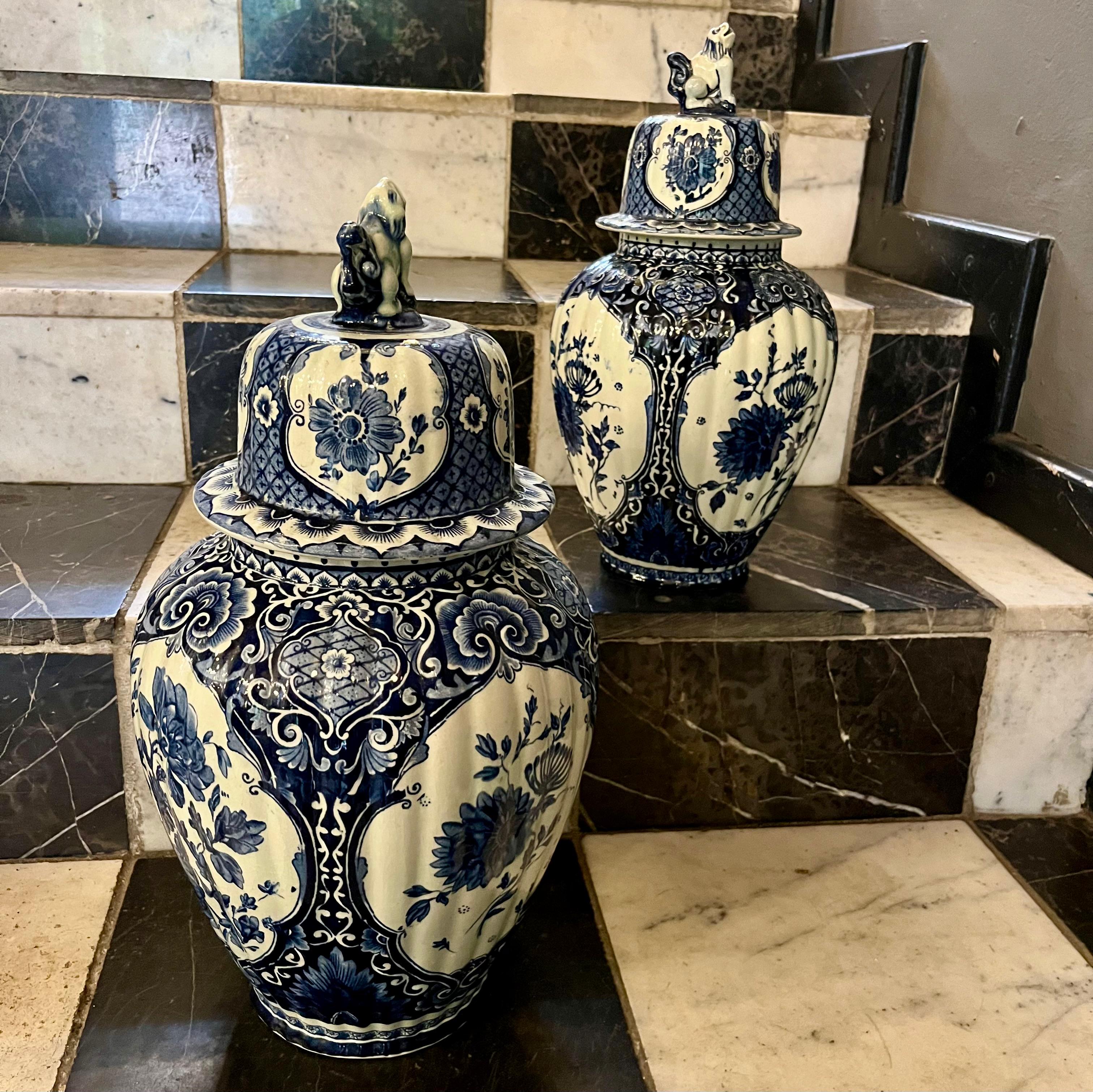 Near Pair of Delft Blue & White Covered Vases, Royal Sphinx Maastricht, Holland, 20th Century - SOLD