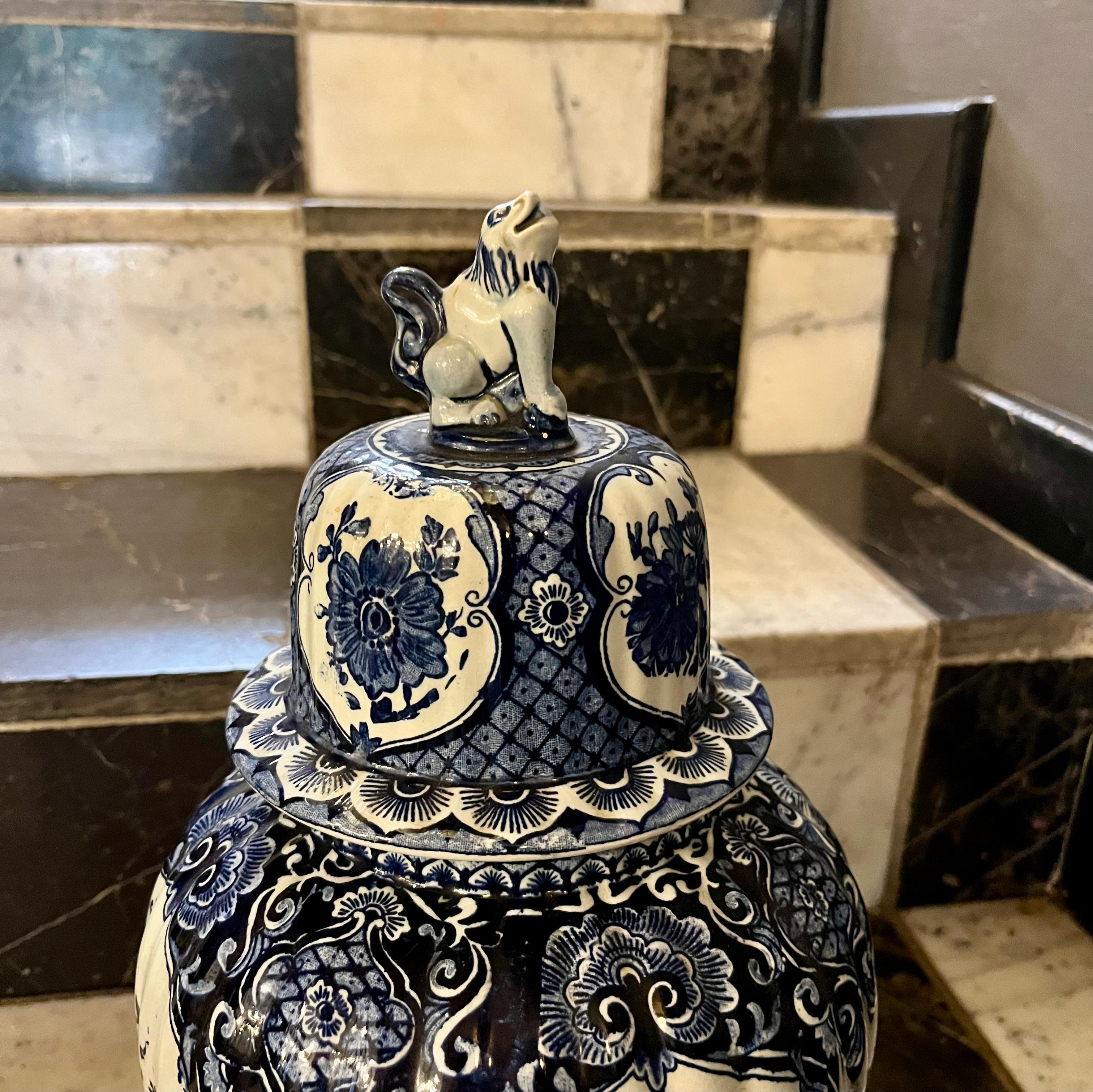 Near Pair of Delft Blue & White Covered Vases, Royal Sphinx Maastricht, Holland, 20th Century - SOLD