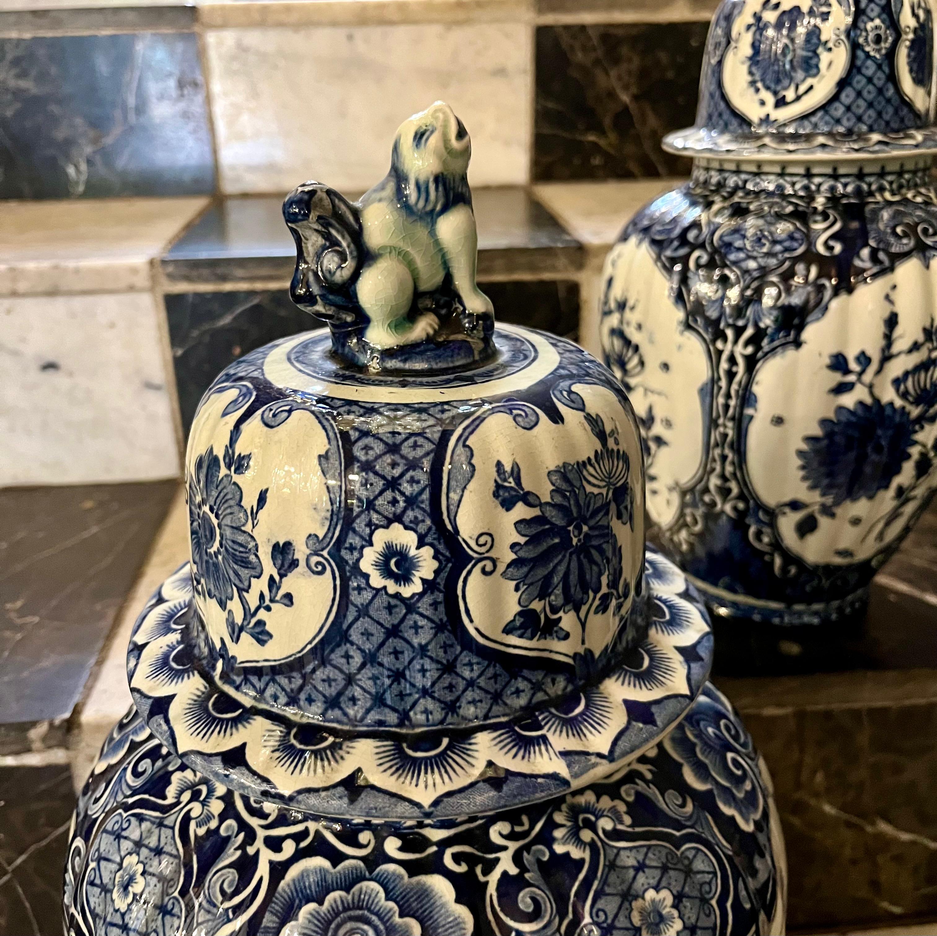 Near Pair of Delft Blue & White Covered Vases, Royal Sphinx Maastricht, Holland, 20th Century - SOLD